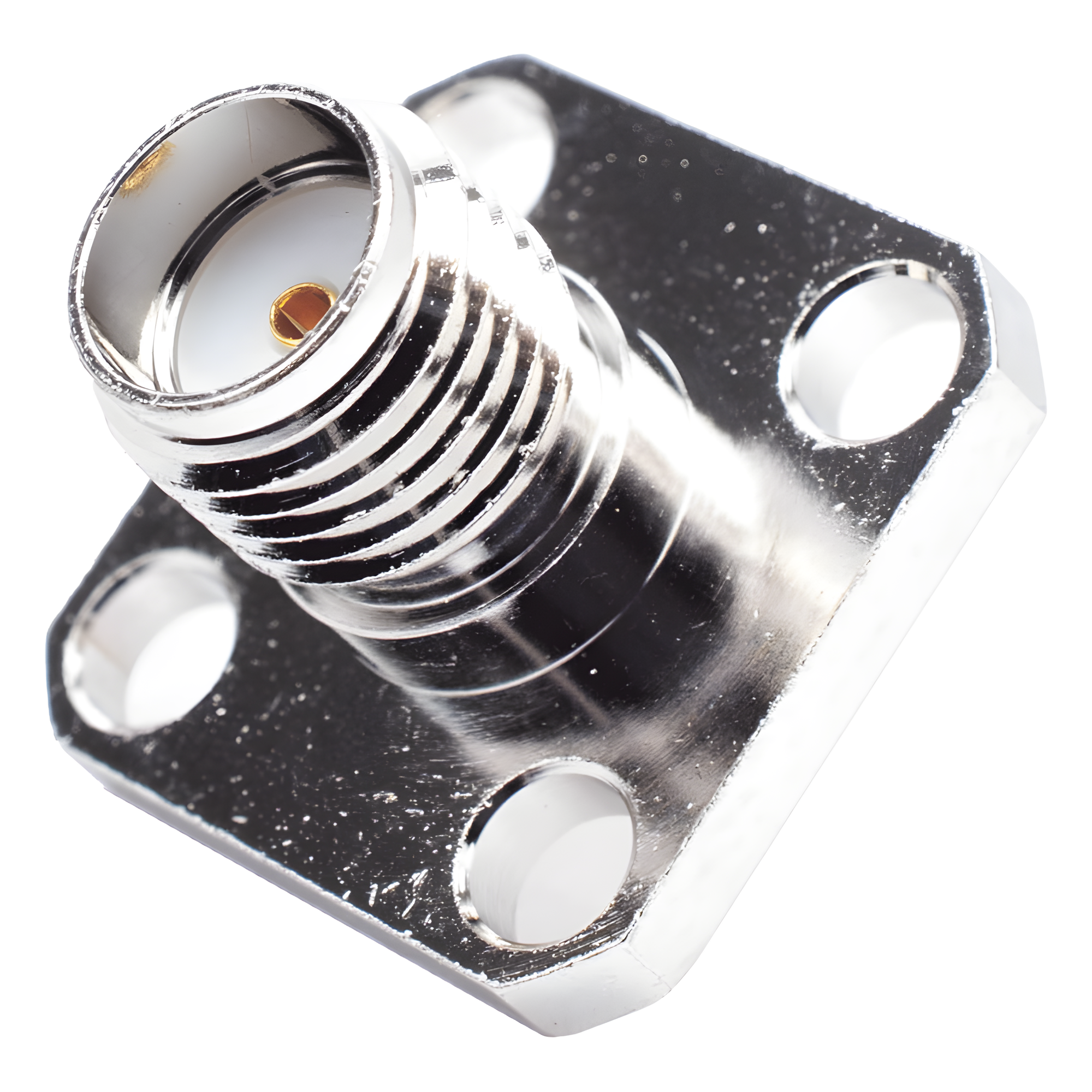 Conector SMA Hembra, Montaje de Panel Cuadrado, 4 Perforaciones, Soldable, Niquel/ Oro/ Teflón.