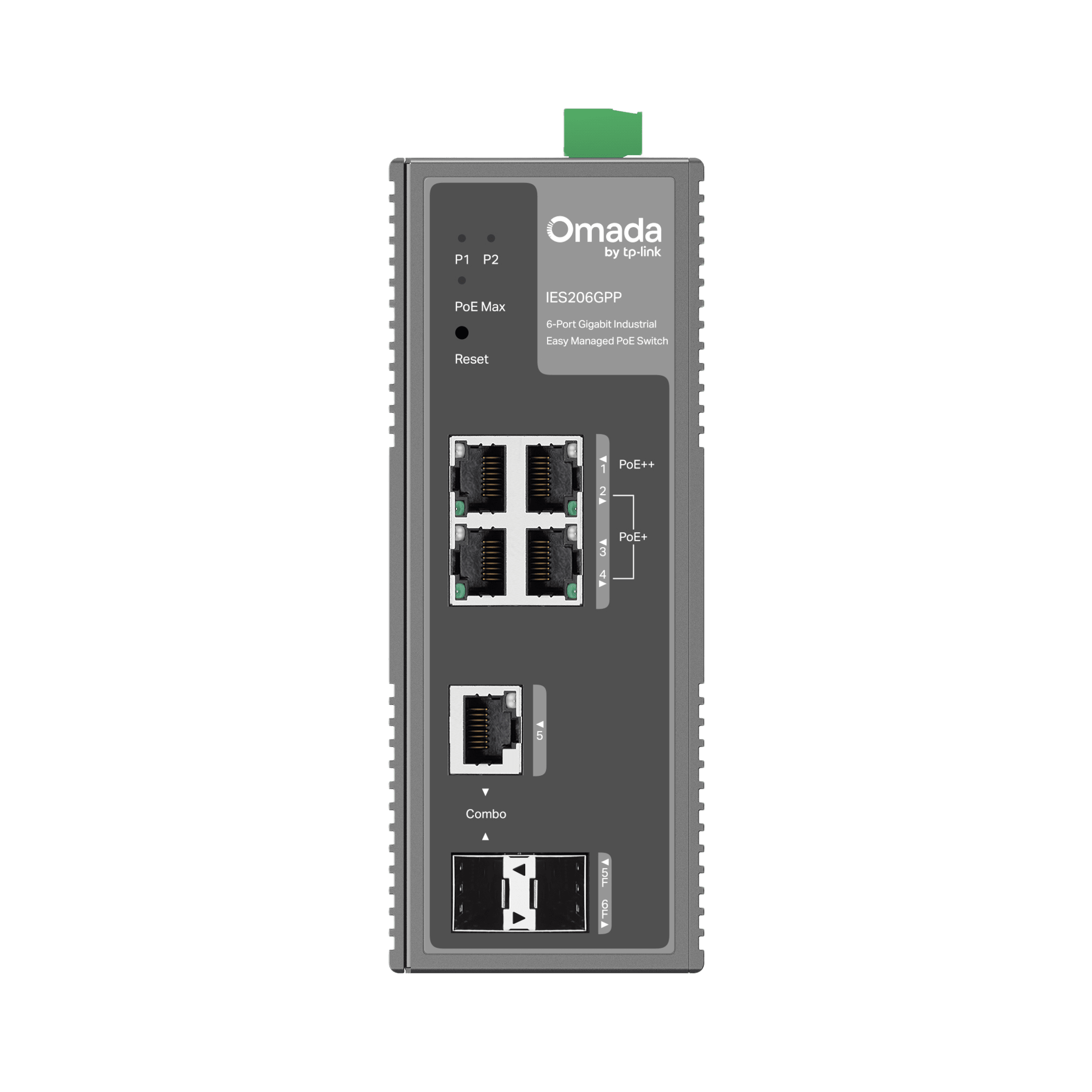 Switch Industrial Easy Managed / 6 Puertos Gigabit (4 PoE) / 120W PoE Budget / IP40 / -40°C a 75°C / 6kV Protección Rayos / Cloud Management Omada / DIN-Rail