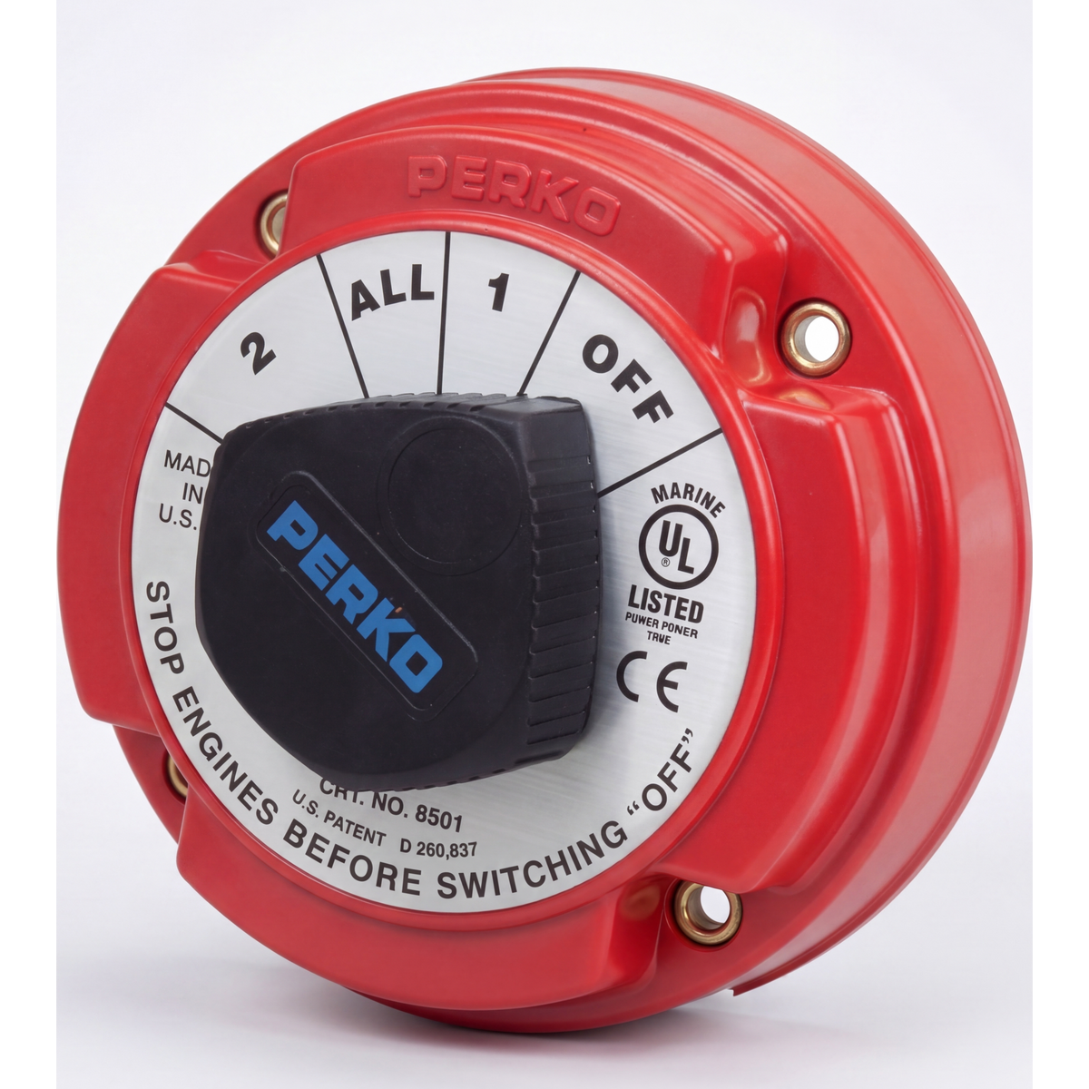 Switch Selector de Batería Marina PERKO 8501 / 250A Continuos 360A Intermitentes / 6-32 VCC / Encendido Protegido / Selector 1-2-Both-Off / Desconexión de Alternador