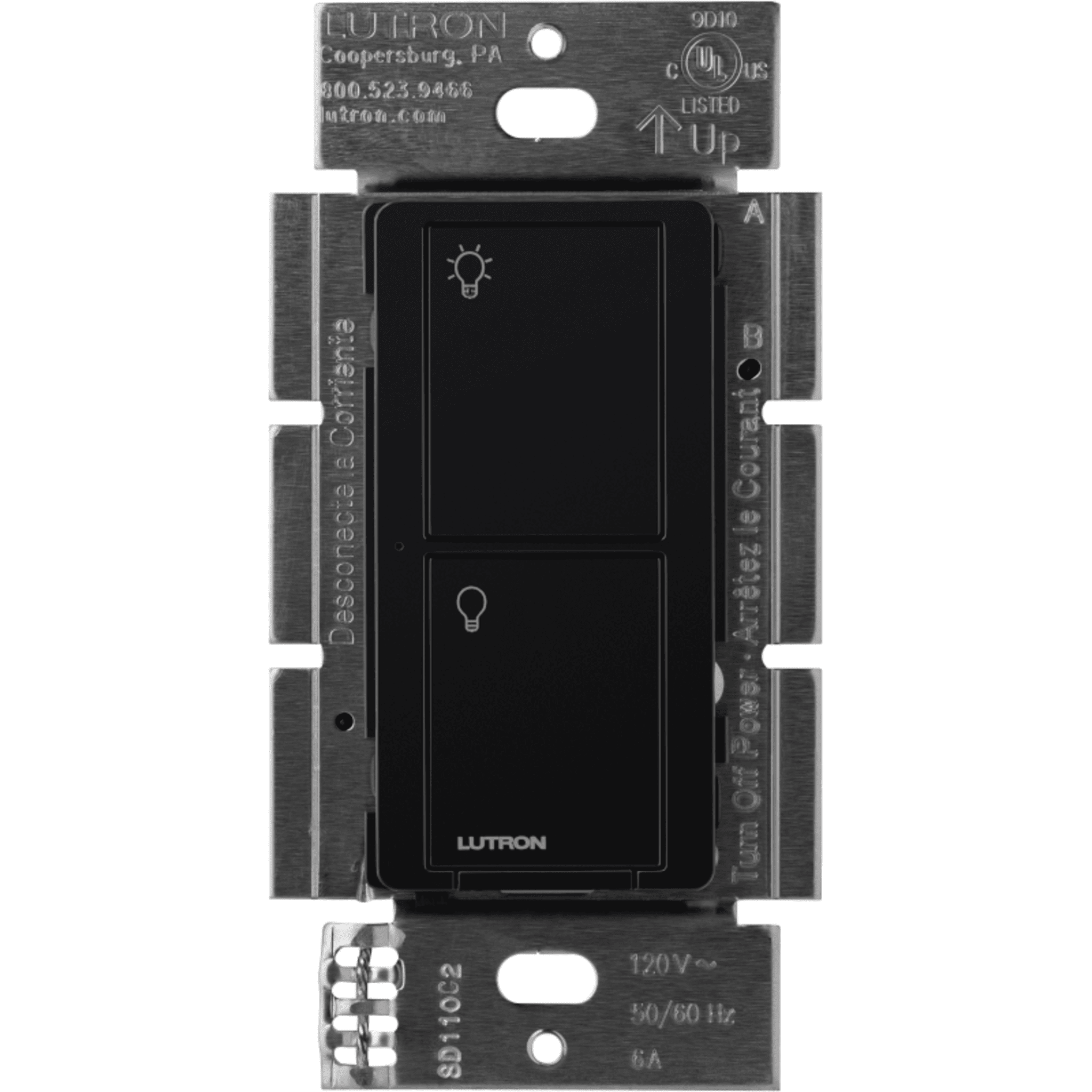 Interruptor de pared inalámbrico on/off de 2 botones, 5 A para LED/CFL, voltaje dual 120/277 V sin cable neutro, compatible con control Pico y sensores Radio Powr Savr