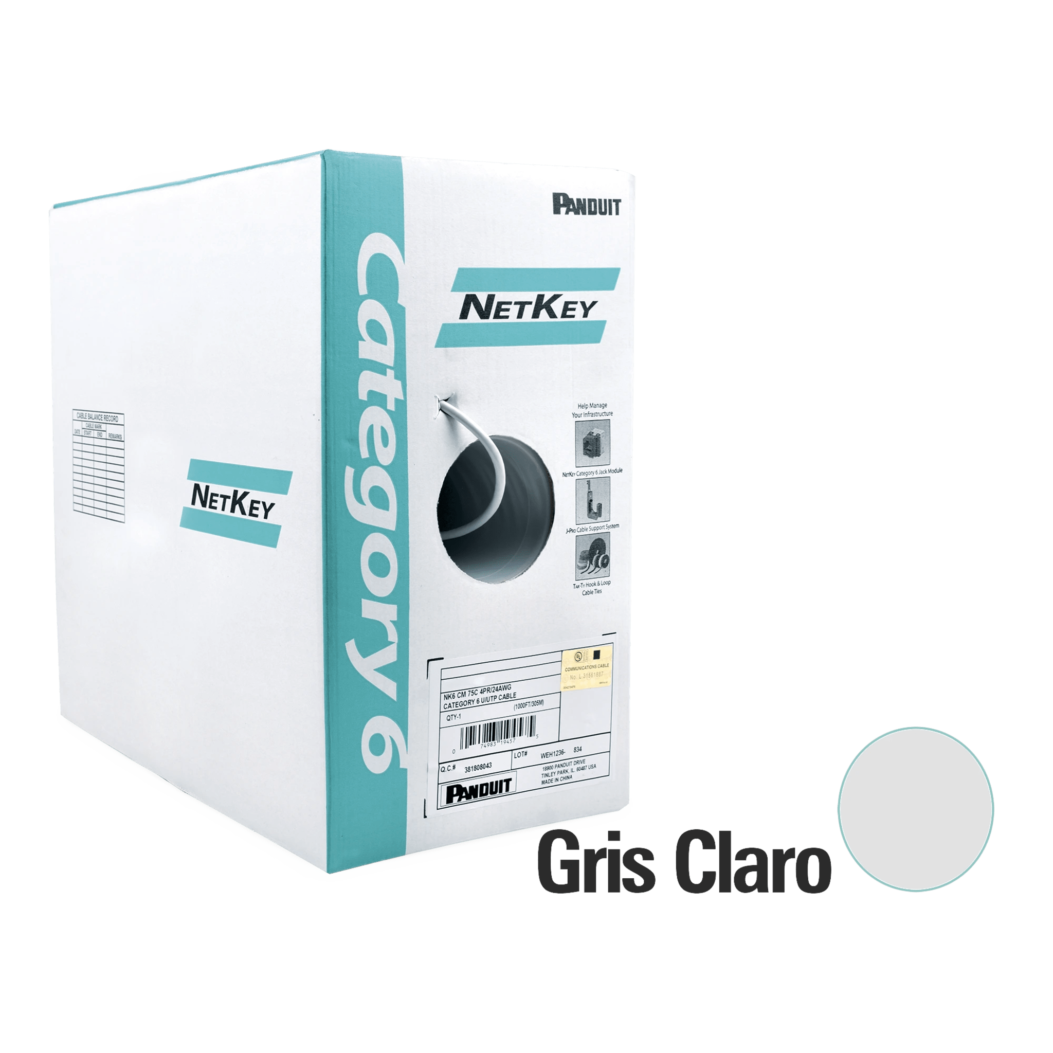 Bobina de Cable UTP 305 Metros (1000 Pies) de Cobre, NetKey, Gris Claro, Categoría 5e (24 AWG), PVC (CM), de 4 Pares