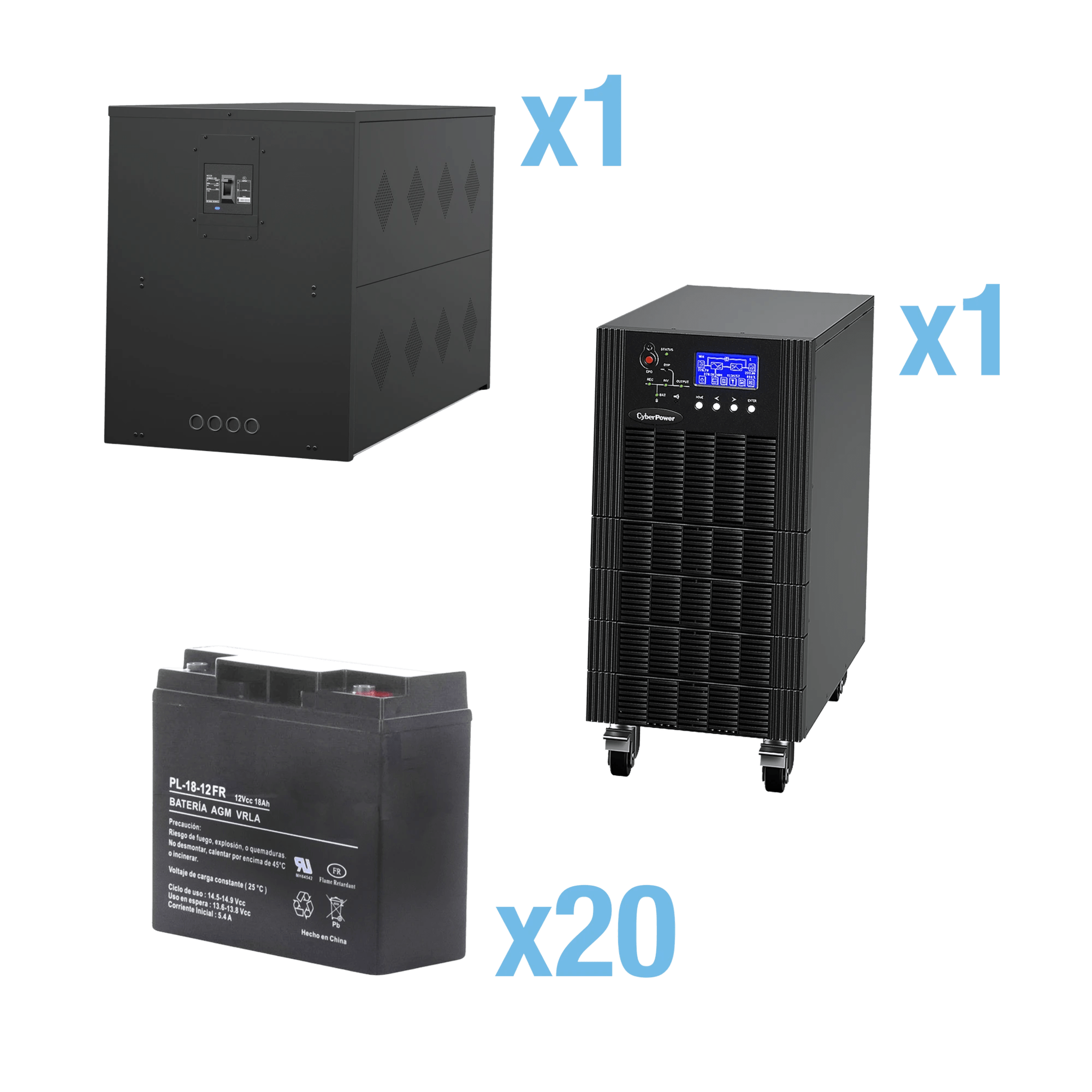 UPS Trifásico de 15 kVA/15 kW, Topología Online Doble Conversión, Voltaje de 208/220 Vca de L-L, Respaldo de 5 Minutos al 100% de Carga, Incluye Módulo y Banco de Baterías