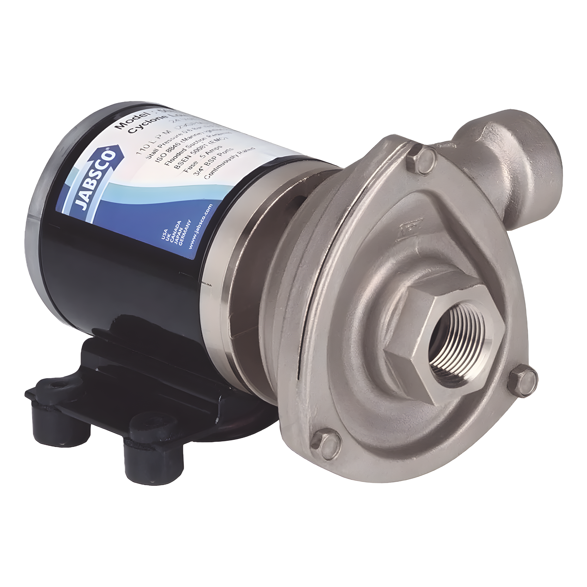 Bomba centrifuga Cyclone de baja presión a 12 Vcd, caudal de hasta 29 GPM, presión máxima de 8.7 psi, en acero inoxidable.