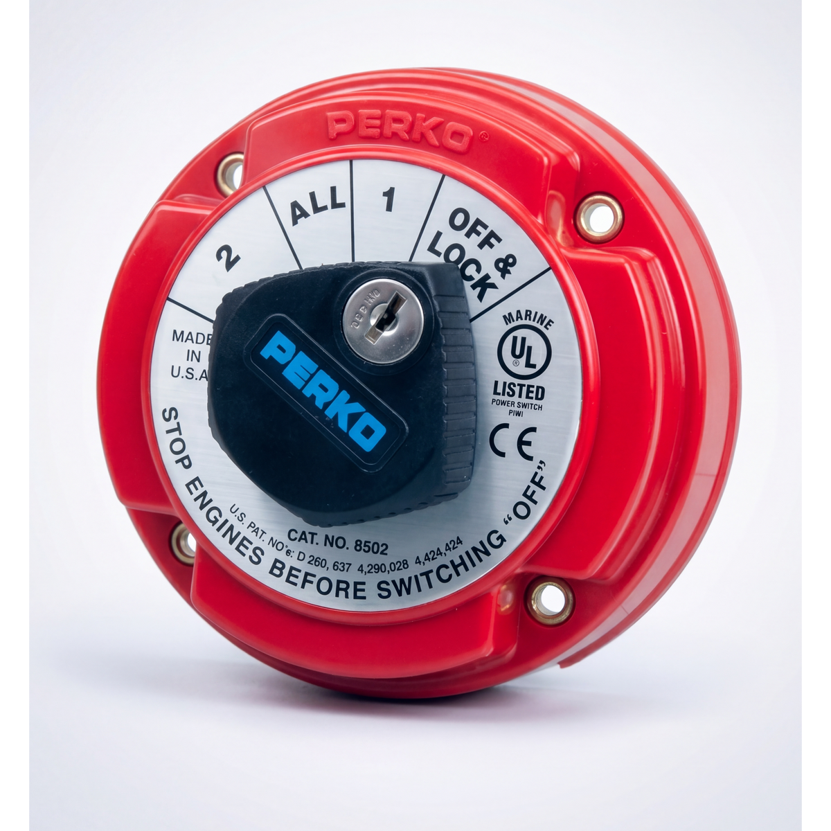 Switch Selector de Batería Marina PERKO 8502 con Llave / 250A Continuos 360A Intermitentes / 6-32 VCC / Selector 1-2-Both-Off / Bloqueo con Llave / Encendido Protegido