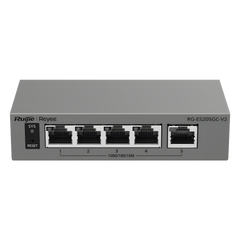 Switch Capa 2 Gestionado en la Nube / 5 Puertos Gigabit / Switching 10 Gbps / Forwarding 7.44 Mpps / Diseño sin Ventilador / Protección 6 kV / Modo CCTV de un Clic / 32 VLANs / Gabinete Metálico / Ruijie Cloud