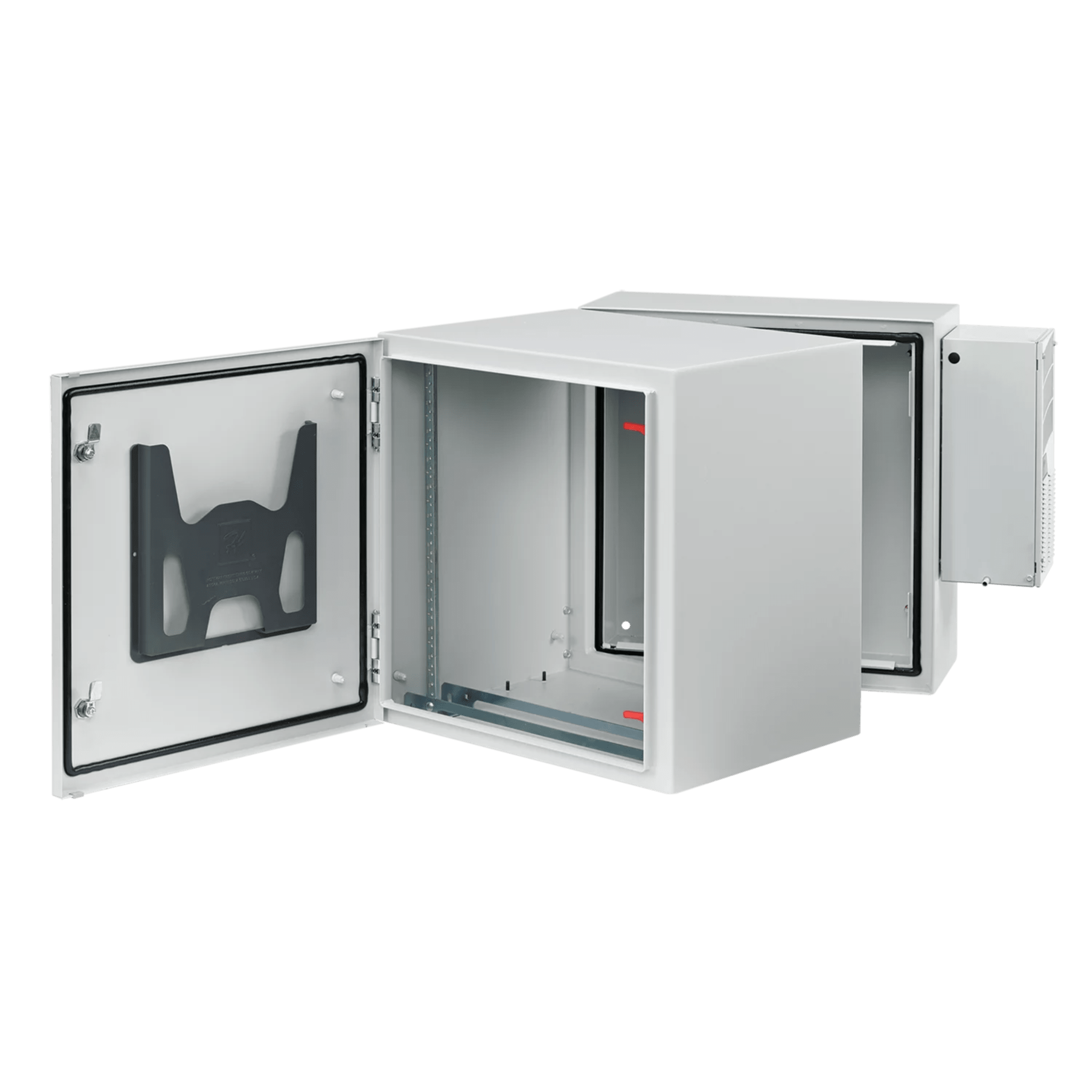 Gabinete Industrial ProTek de Puerta Sólida, Con Aire Acondicionado de 4000 BTU, Protección NEMA Tipo 4/12; IP66; IK10, Abatible, Fabricado en Acero, 19 UR, Color Gris Claro