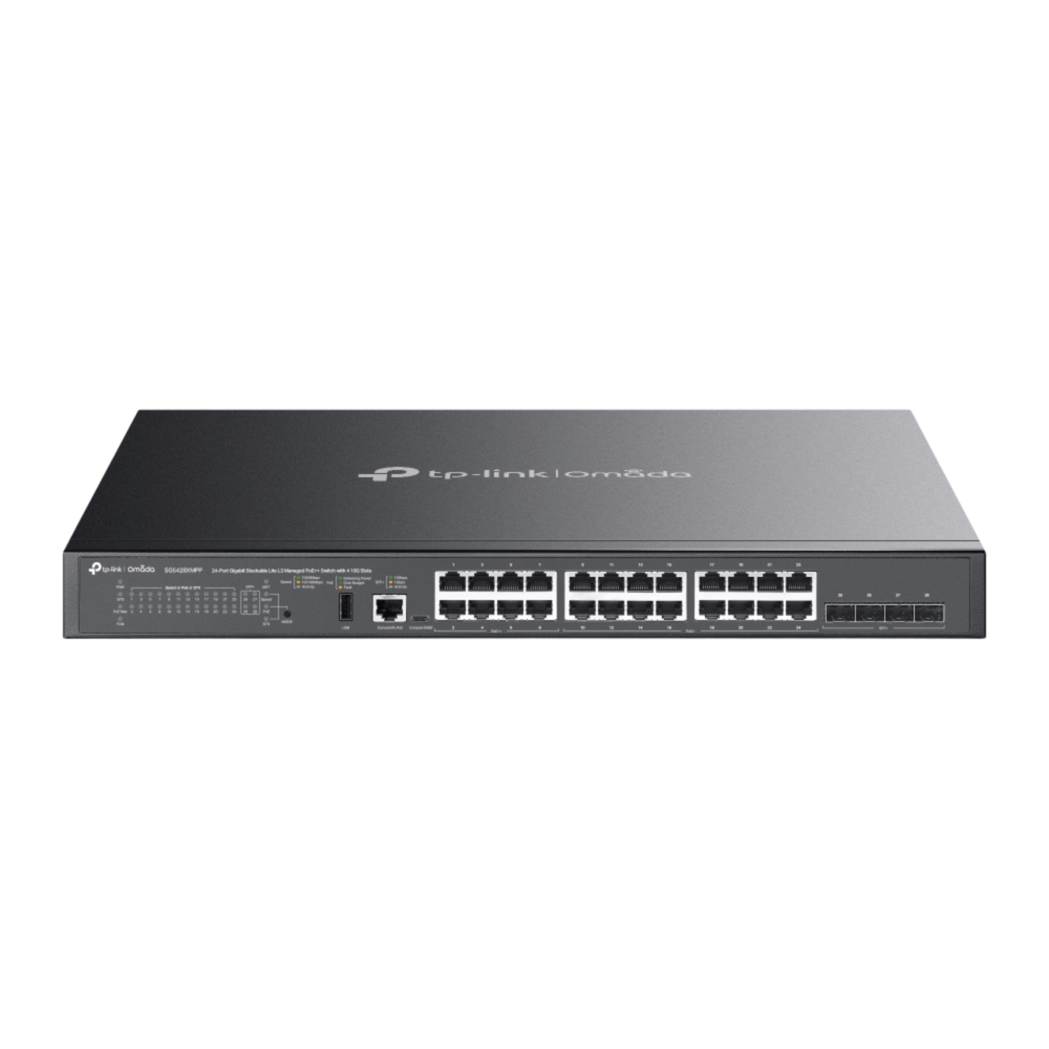 Switch Omada L3 SDN Administrable / 24 puertos PoE af/at Gigabit y 4 puertos SFP+ / Presupuesto PoE 720W / Funciones RIP, VRRP, Servidor DHCP / Administración centralizada OMADA / Fuente Redundante
