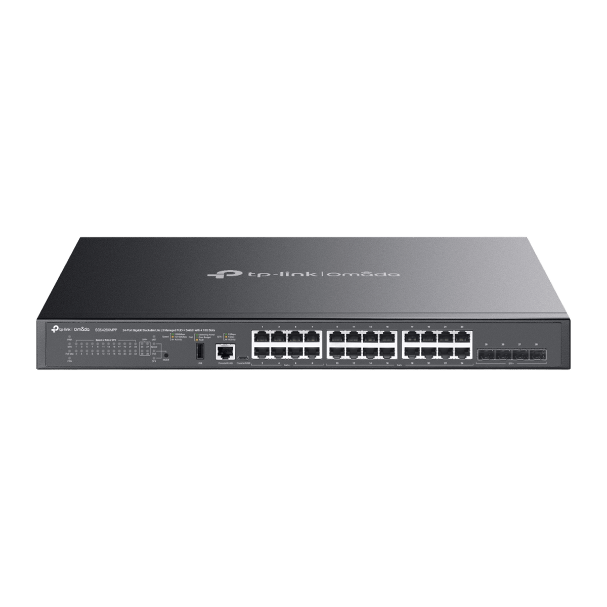 Switch Omada L3 SDN Administrable / 24 puertos PoE af/at Gigabit y 4 puertos SFP+ / Presupuesto PoE 720W / Funciones RIP, VRRP, Servidor DHCP / Administración centralizada OMADA / Fuente Redundante