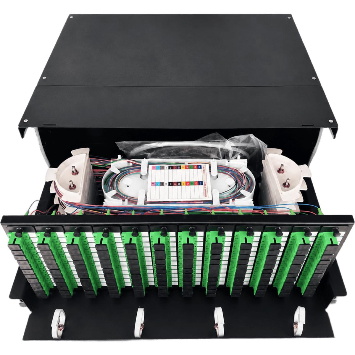 Distribuidor de Fibra Óptica (ODF) para 144 Empalmes, con 144 Acopladores SC/APC y 144 Pigtails SC/APC, para Rack de 19, 4 UR