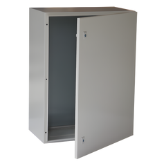 Gabinete de Acero IP66 Uso en Intemperie (400 x 600 x 250 mm) con Placa Trasera Interior Metálica y Compuerta Inferior Atornillable (Incluye Chapa y Llave T).