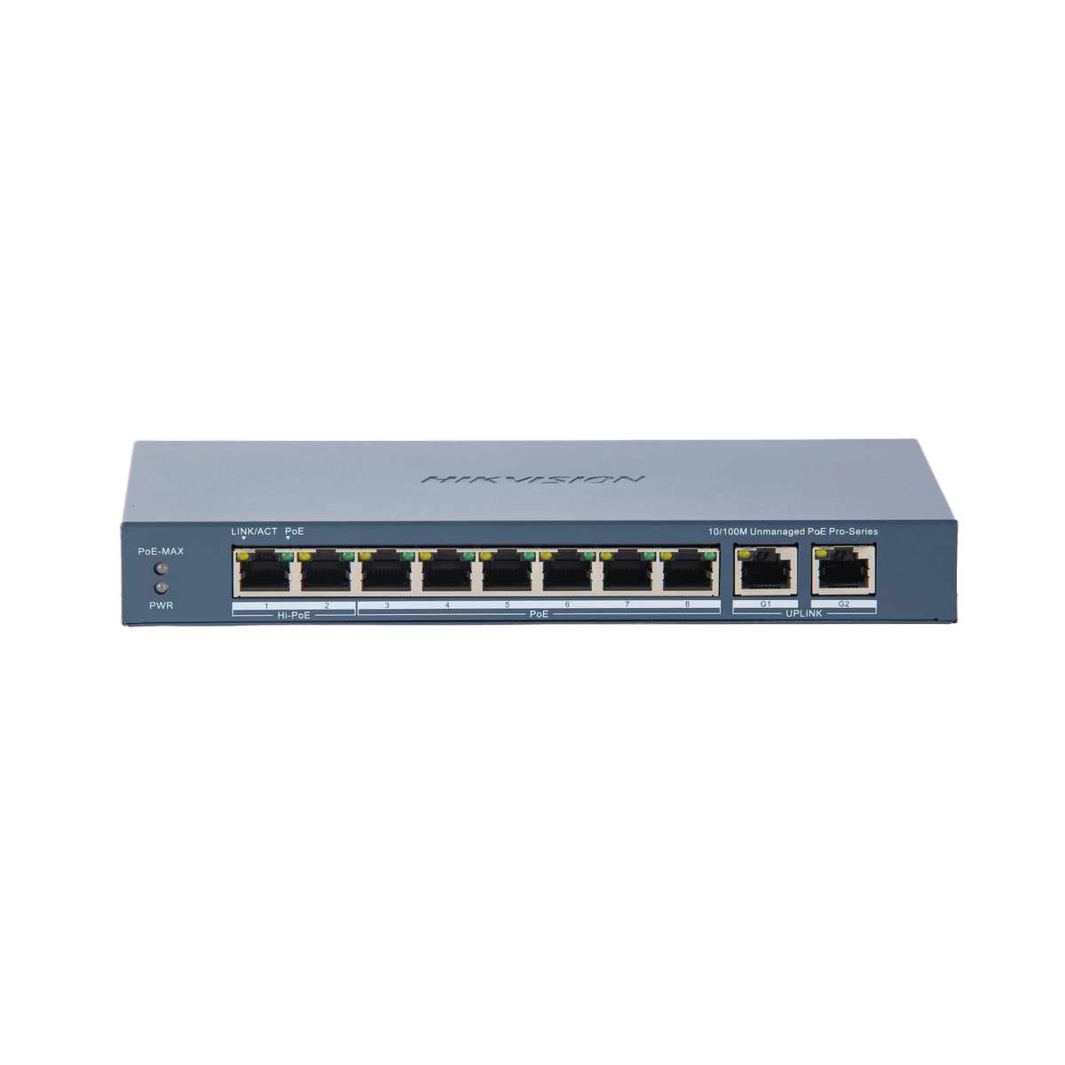 Switch PoE+ / No Administrable / 7 Puertos 10/100 Mbps 802.3 af/at (30 W) / 1 Puerto 10/100 Mbps Hi-PoE (90 W)  / 2 Puertos 1000 Mbps Uplink / Modo Extendido hasta 300 Metros / 110 Watts