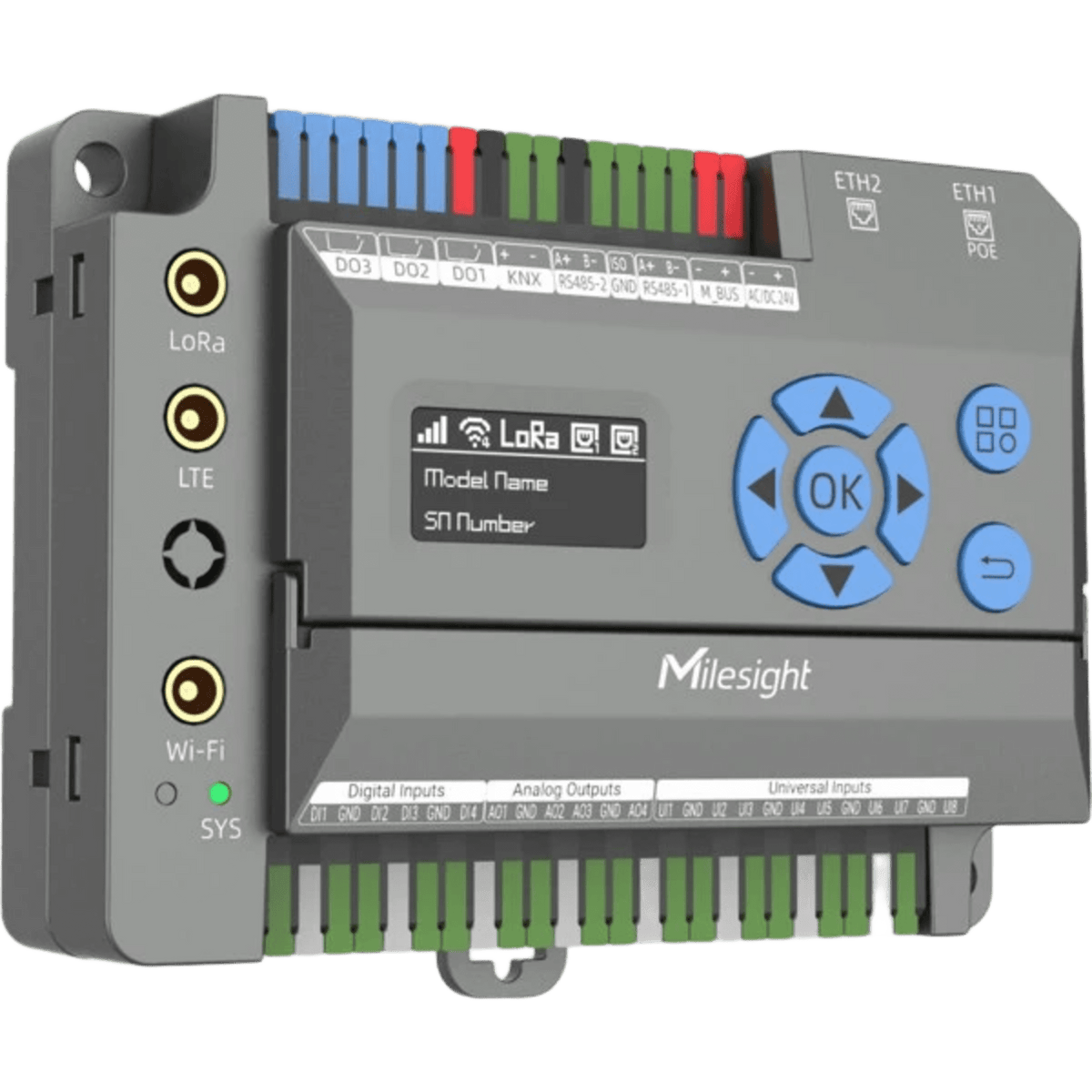 Gateway IoT LoRaWAN para Automatización de Edificios / Quad-Core 1.5 GHz / 8 Canales LoRaWAN / 2,000 Dispositivos / Edge Computing / 4G LTE / KNX + BACnet + Modbus / RS485 + M-Bus