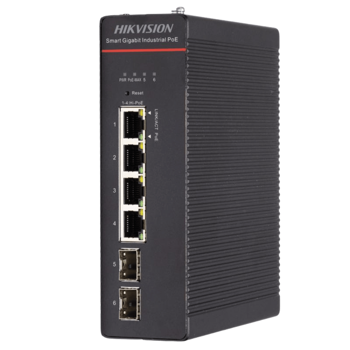Switch Industrial / Administrable Gigabit / 4 Puertos Gigabit HiPoE (90 W) / 2 Puertos SFP / 300 W Total / 48 a 57 VCD / Ideal para Proyectos / 300 Metros de Distancia