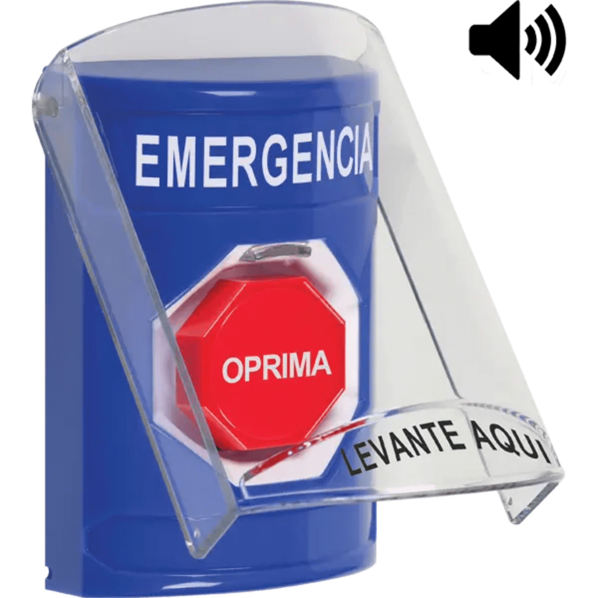 Botón Multipropósito, Color Azul, De Superficie, Con Tapa De Policarbonato, Con Bocina Pre Alarma, Solo Interior, Llave Para Restablecer, Texto De Emergencia, Español