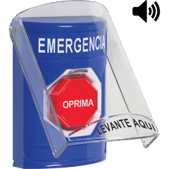 Botón Multipropósito, Color Azul, De Superficie, Con Tapa De Policarbonato, Con Bocina Pre Alarma, Solo Interior, Llave Para Restablecer, Texto De Emergencia, Español