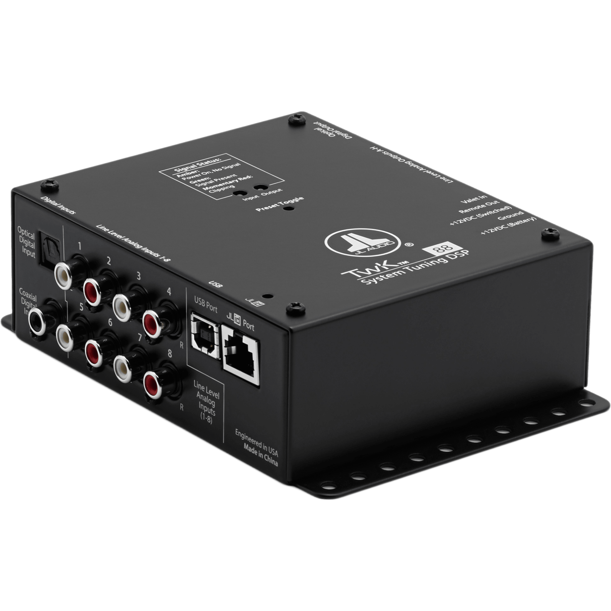 Procesador de Señal Digital (DSP) / 8 Canales de Entrada y 8 de Salida / Resolución 24 bit/48 kHz / Ajuste de Sistemas JL Audio TwK / Control de Nivel Remoto DRC-200 / Salida Óptica Toslink S/PDIF / Entrada Digital TwK-D8