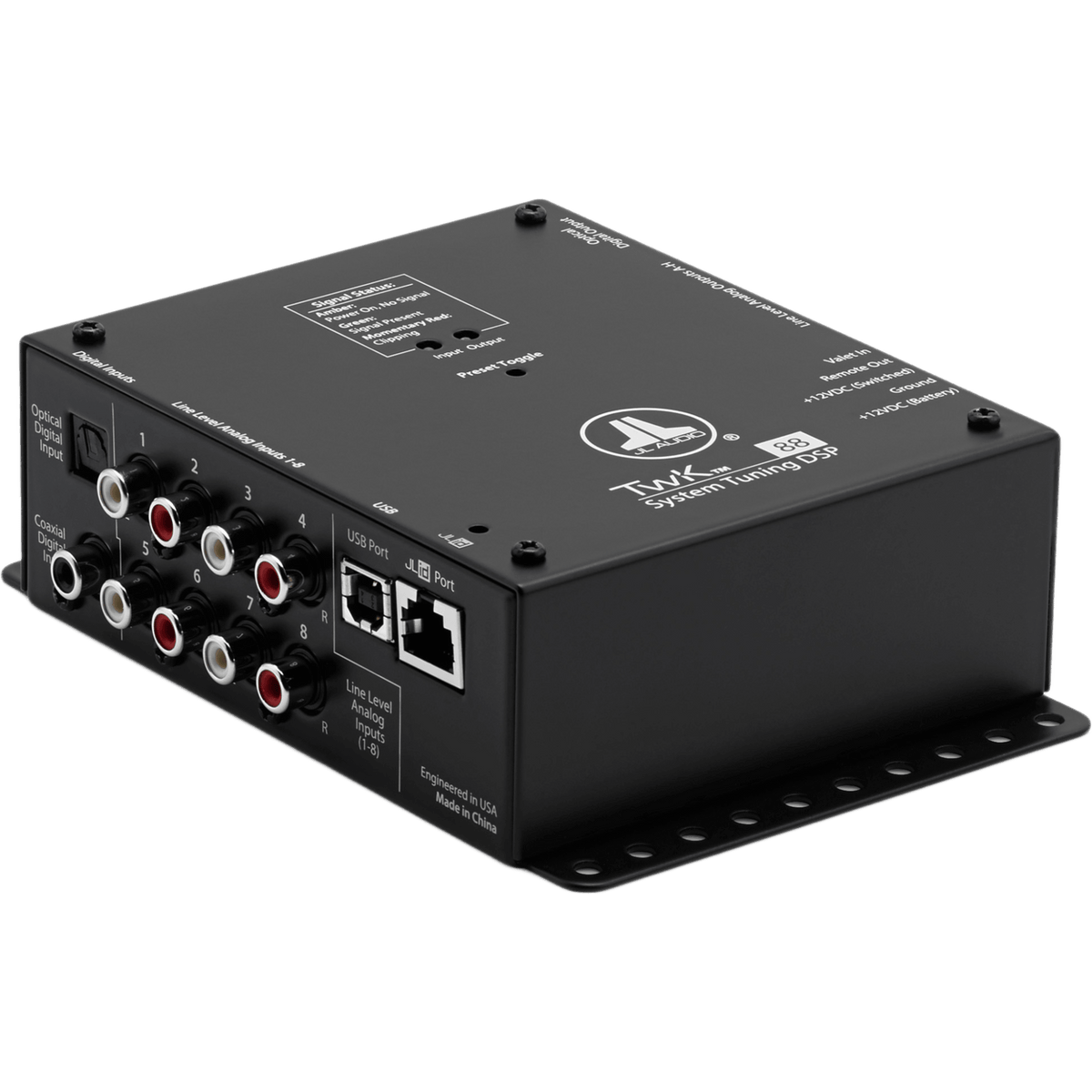 Procesador de Señal Digital (DSP) / 8 Canales de Entrada y 8 de Salida / Resolución 24 bit/48 kHz / Ajuste de Sistemas JL Audio TwK / Control de Nivel Remoto DRC-200 / Salida Óptica Toslink S/PDIF / Entrada Digital TwK-D8