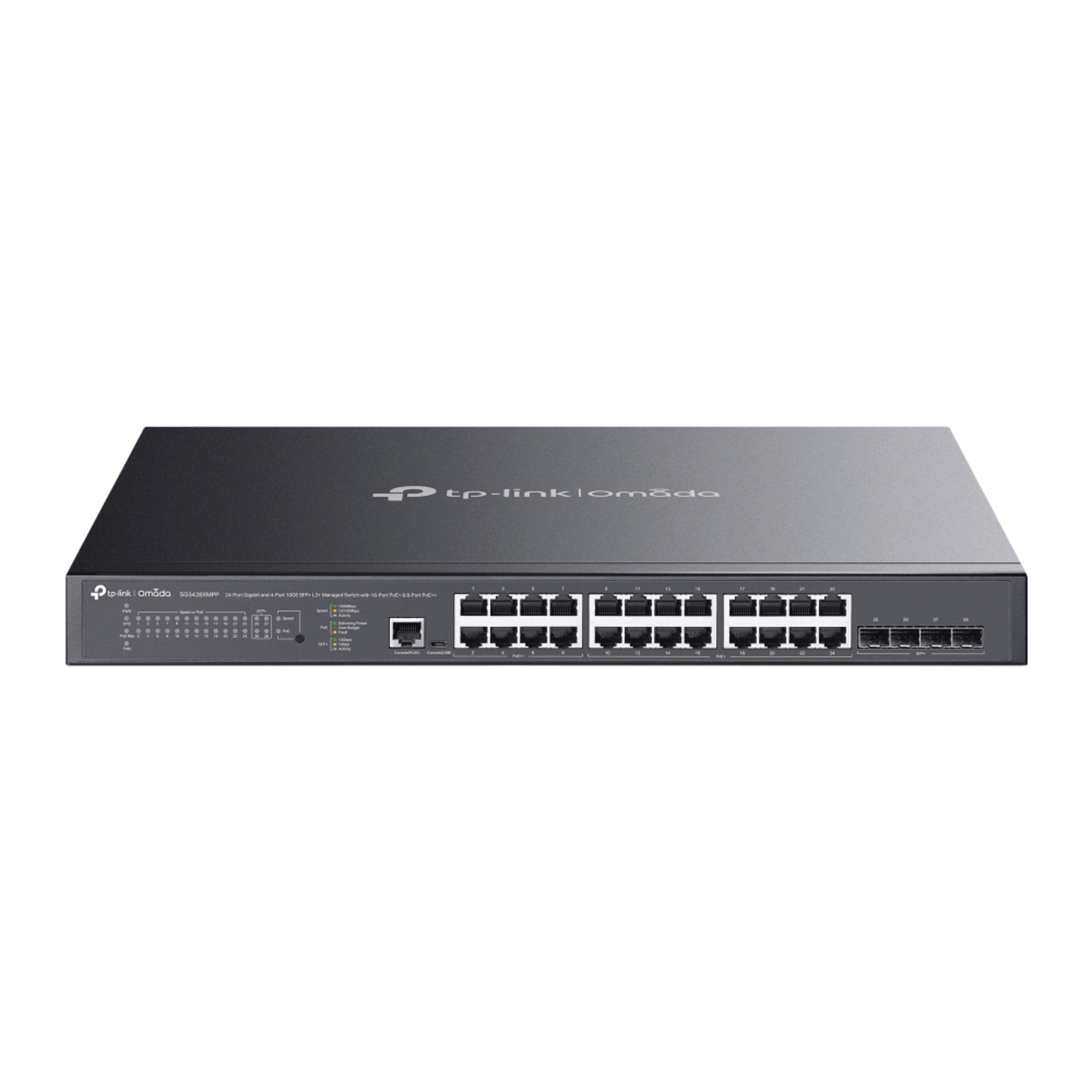 Switch L2+ Gestionado Omada / 24 Puertos Gigabit RJ45 + 4 Puertos 10G SFP+ / 16 Puertos PoE+ (30W) + 8 Puertos PoE++ (90W) / 128 Gbps Capacidad / 95.23 Mpps Forwarding / 500W PoE Budget / SDN Cloud Management