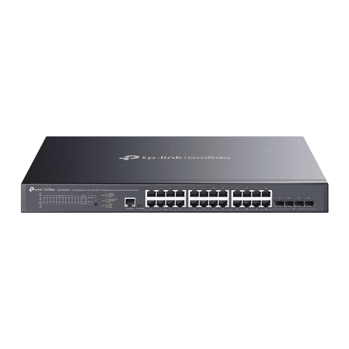 Switch L2+ Gestionado Omada / 24 Puertos Gigabit RJ45 + 4 Puertos 10G SFP+ / 16 Puertos PoE+ (30W) + 8 Puertos PoE++ (90W) / 128 Gbps Capacidad / 95.23 Mpps Forwarding / 500W PoE Budget / SDN Cloud Management