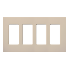 Placa de pared de 4 espacios sin tornillos visibles, acabado satinado color Taupe, para atenuadores y controles Lutron con apertura tipo designer como Maestro y Diva