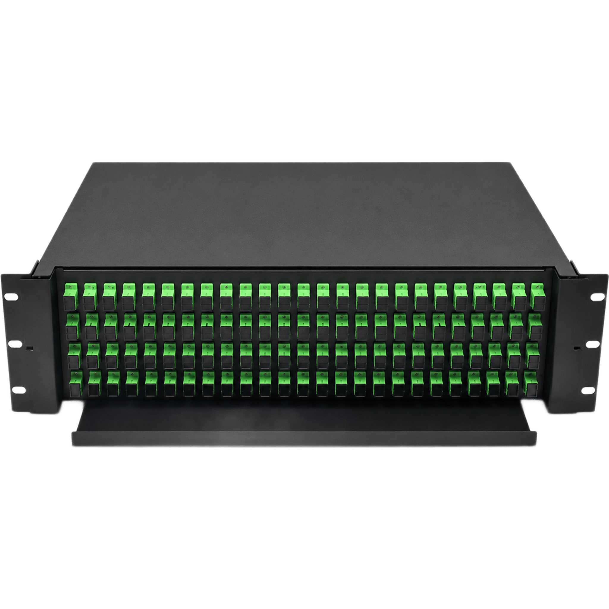 Distribuidor de Fibra Óptica (ODF) para 96 Empalmes, con 96 Acopladores SC/APC y 96 Pigtails SC/APC, para Rack de 19, 3 UR