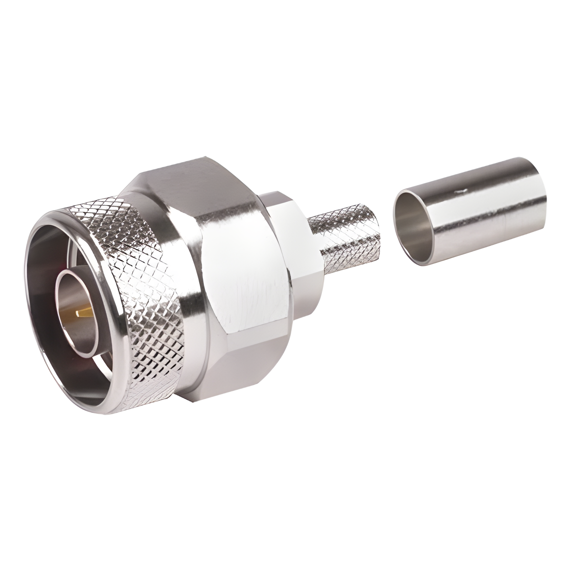 Conector N Macho Hex, de Anillo Plegable y Pin Cautivo para cables RG-8/X, LMR-240, Ni/Au/Teflón.