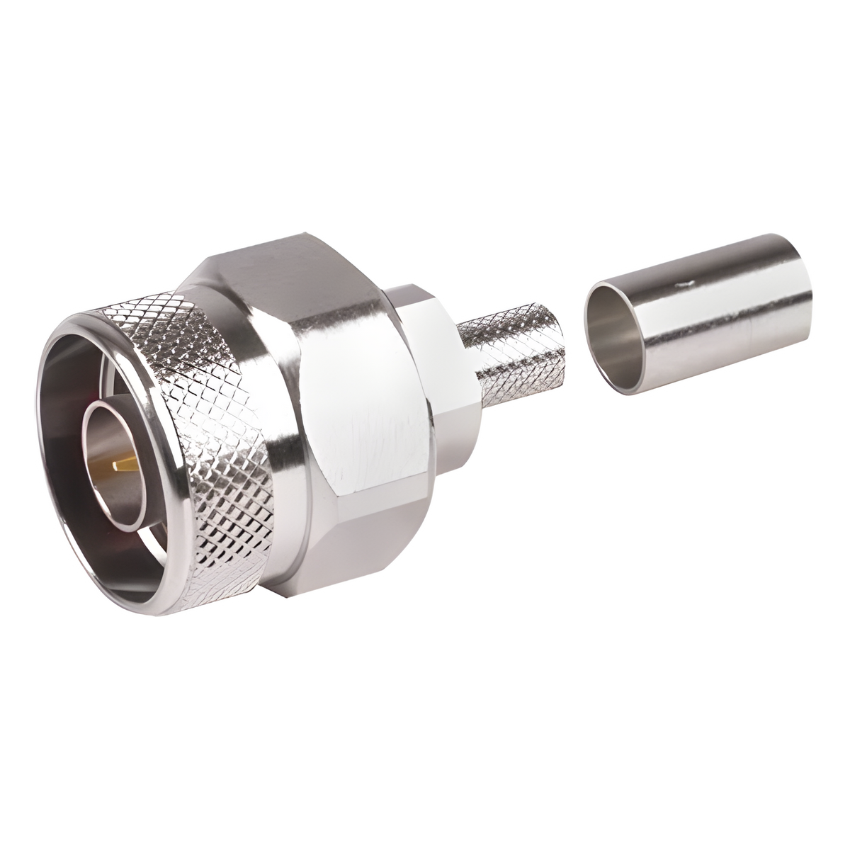 Conector N Macho Hex, de Anillo Plegable y Pin Cautivo para cables RG-8/X, LMR-240, Ni/Au/Teflón.