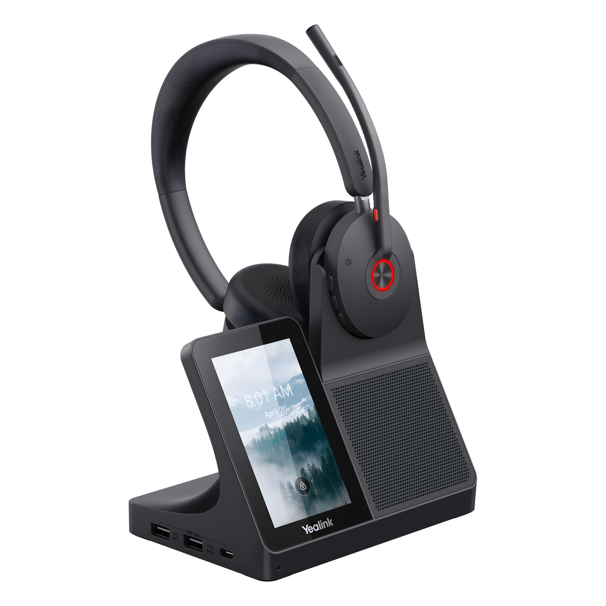 Auriculares estéreo Yealink WH68 para estaciones de trabajo edición MS/ Pantalla táctil de 4" Base DECT y auriculares con Bluetooth integrado/ Cancelación activa de ruido/ Triple conexión/ Hub USB