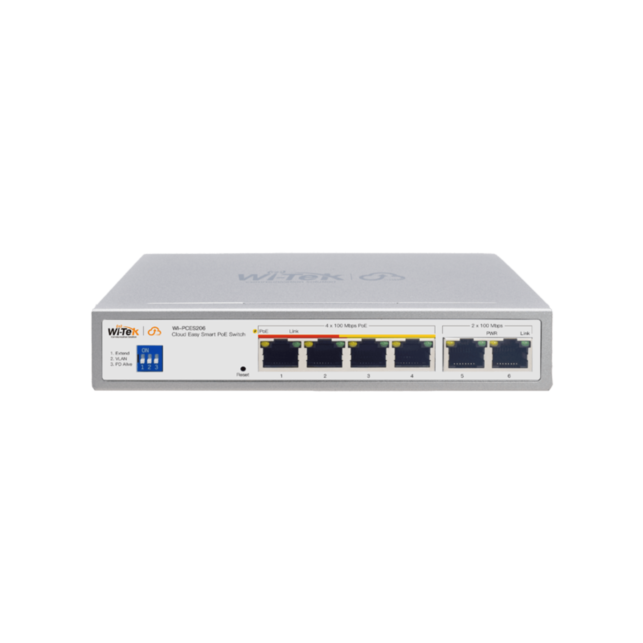 Switch PoE / Administración en la nube / Con 4 puertos 10/100 Mbsp PoE af/at / 2 Puertos Uplink 10/100 MBPS /  Presupuesto 60 W / PoE hasta 250 metros / Soporta protocolo ONVIF