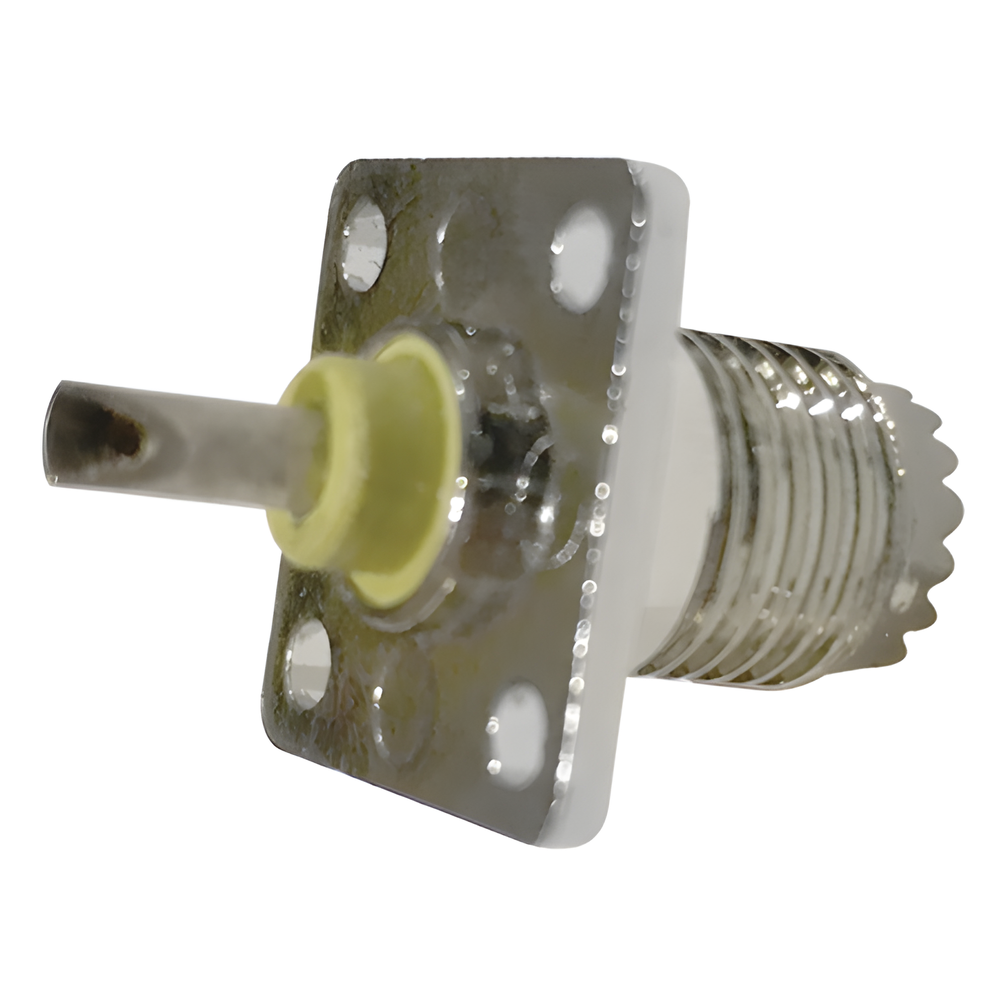 Conector Mini-UHF Hembra, de Montaje en 4 Perforaciones a 13 mm, Níquel/ Oro/ Baquelita.