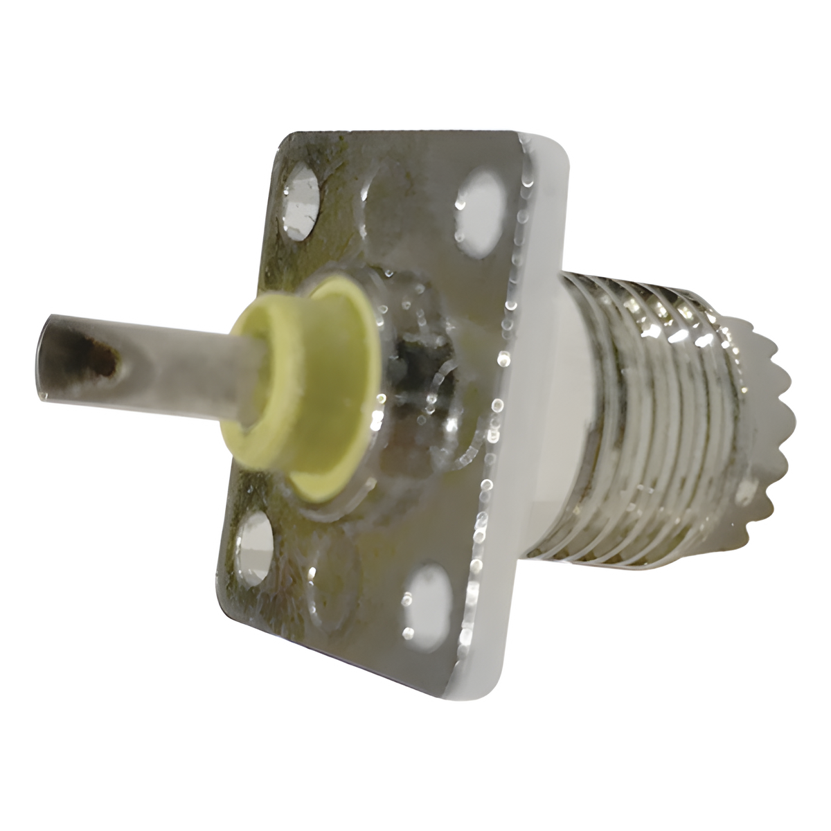 Conector Mini-UHF Hembra, de Montaje en 4 Perforaciones a 13 mm, Níquel/ Oro/ Baquelita.