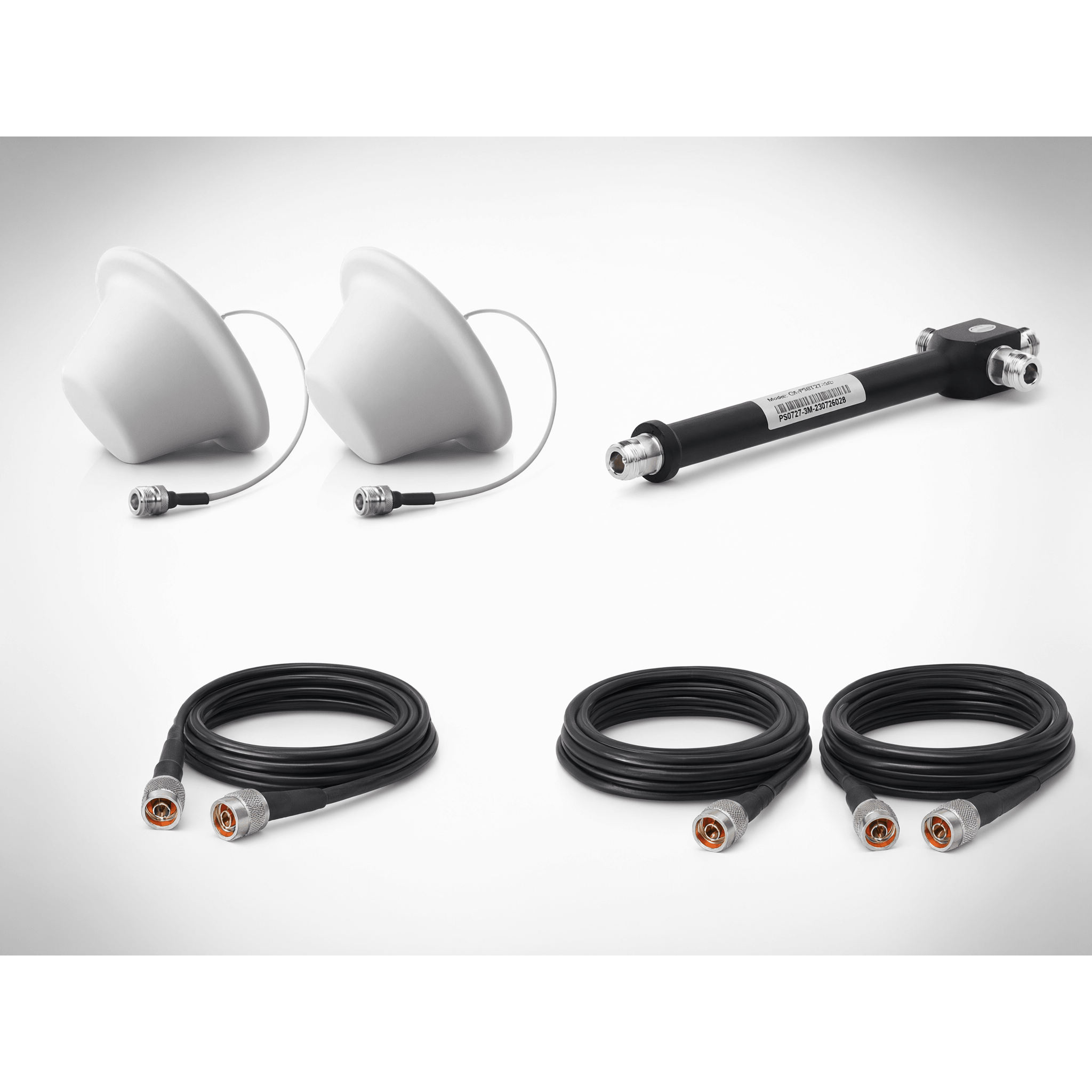 Kit de 2 Antenas Omnidireccional tipo Domo y Divisor de Potencia de 3 salidas / Jumpers Coaxiales de 3 m y dos de 15 m con conectores N macho