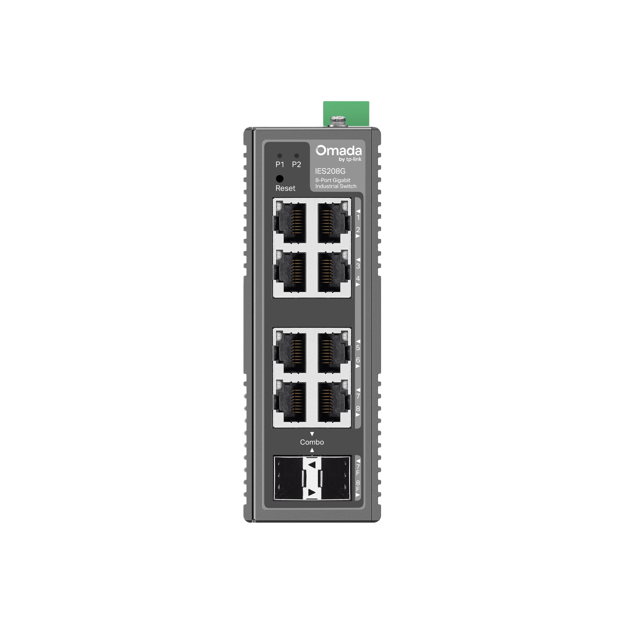 Switch Industrial Omada Easy Managed / 8 Puertos Gigabit (6× RJ45 + 2× RJ45/SFP Combo) / 16 Gbps Switching / -40°C a 75°C / Protección Rayos 6kV / Gestión Cloud / Montaje DIN Rail o Pared / IP40