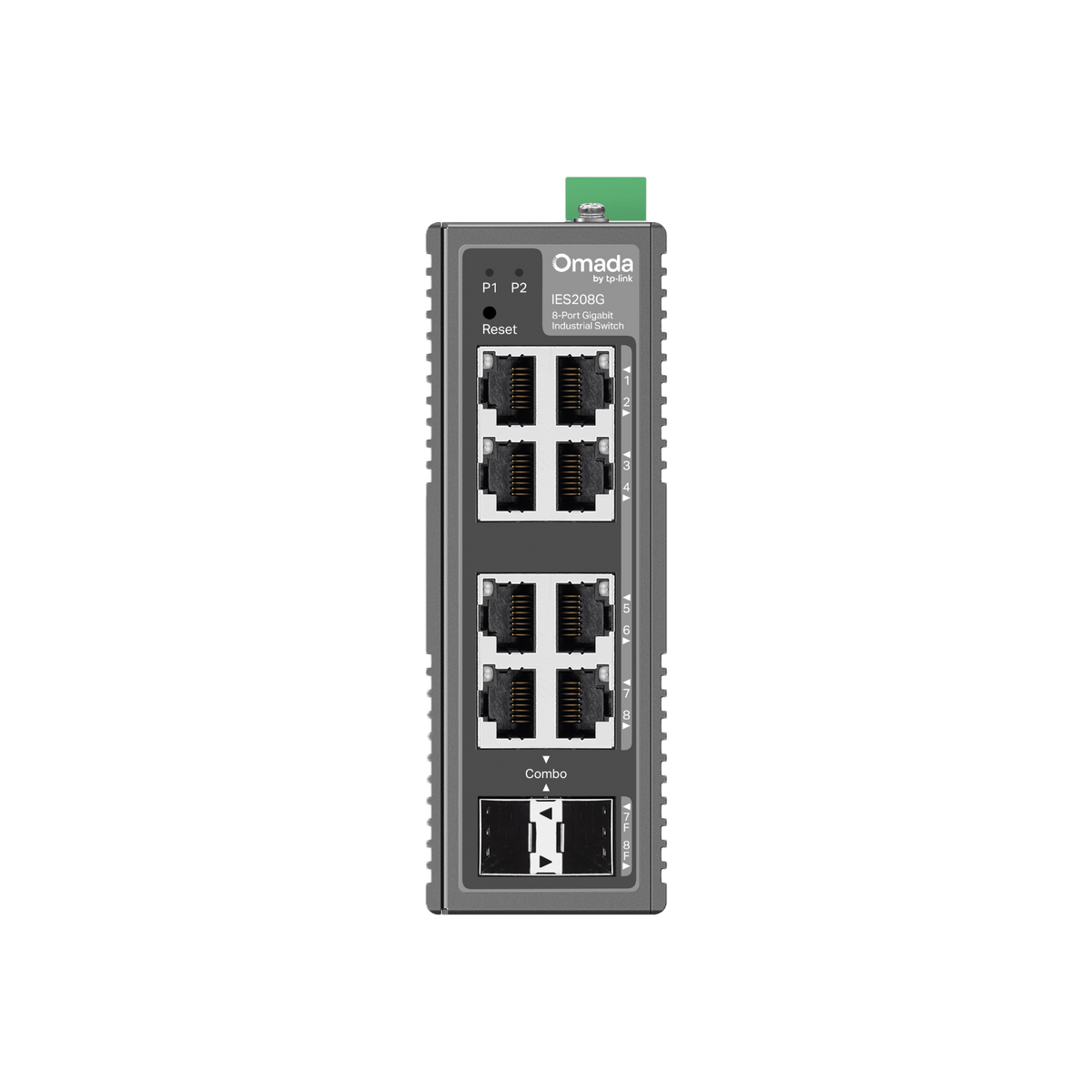 Switch Industrial Omada Easy Managed / 8 Puertos Gigabit (6× RJ45 + 2× RJ45/SFP Combo) / 16 Gbps Switching / -40°C a 75°C / Protección Rayos 6kV / Gestión Cloud / Montaje DIN Rail o Pared / IP40