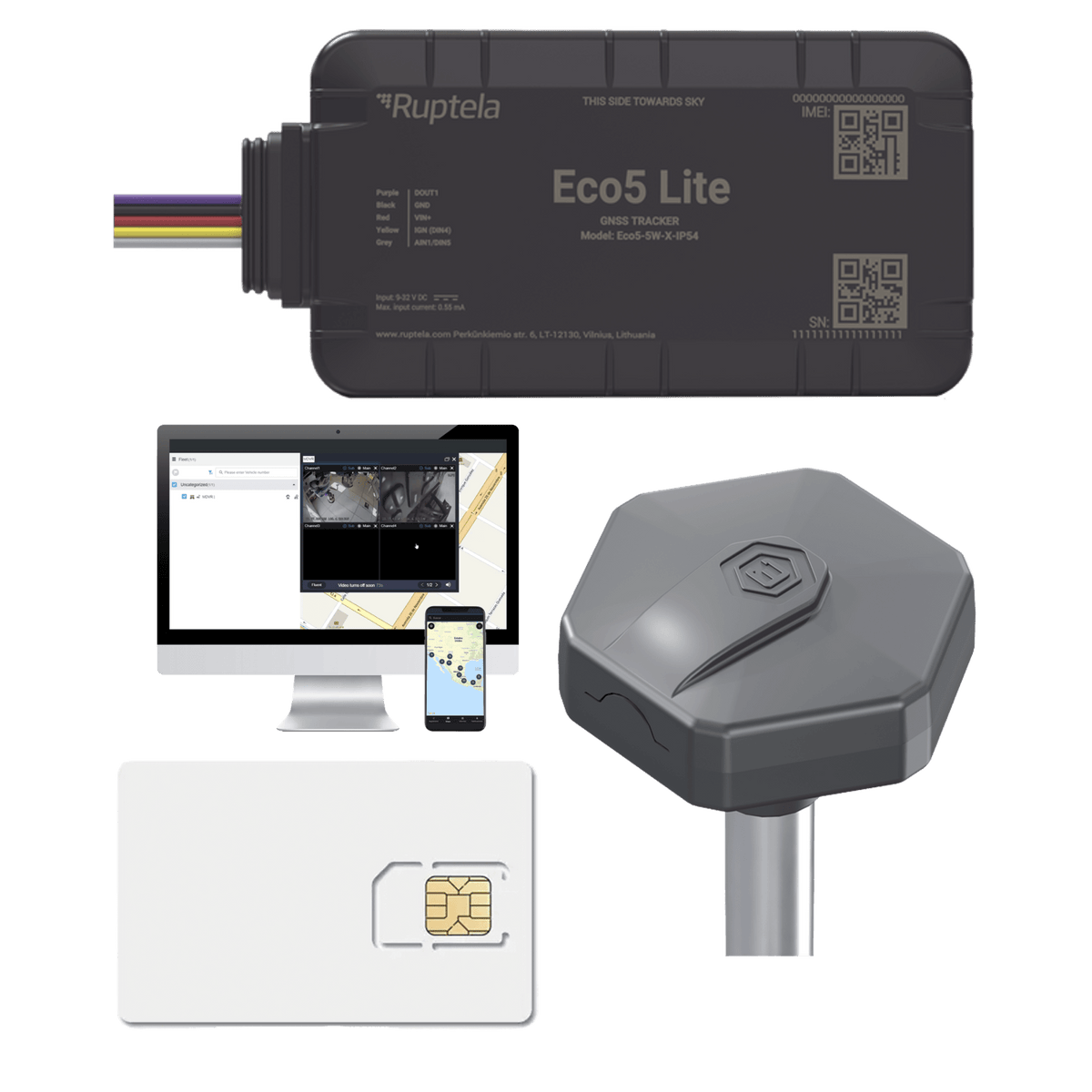 Rastreador Vehicular y Monitoreo de Flota / BLE 5.0 y GNSS / LTE CAT1 y LTE-M con Respaldo 2G / GNSS U-blox / MiKado IP54 / -20 °C a +40 °C / Acelerómetro de 3 Ejes / Suministro 9-32 V / Batería Interna