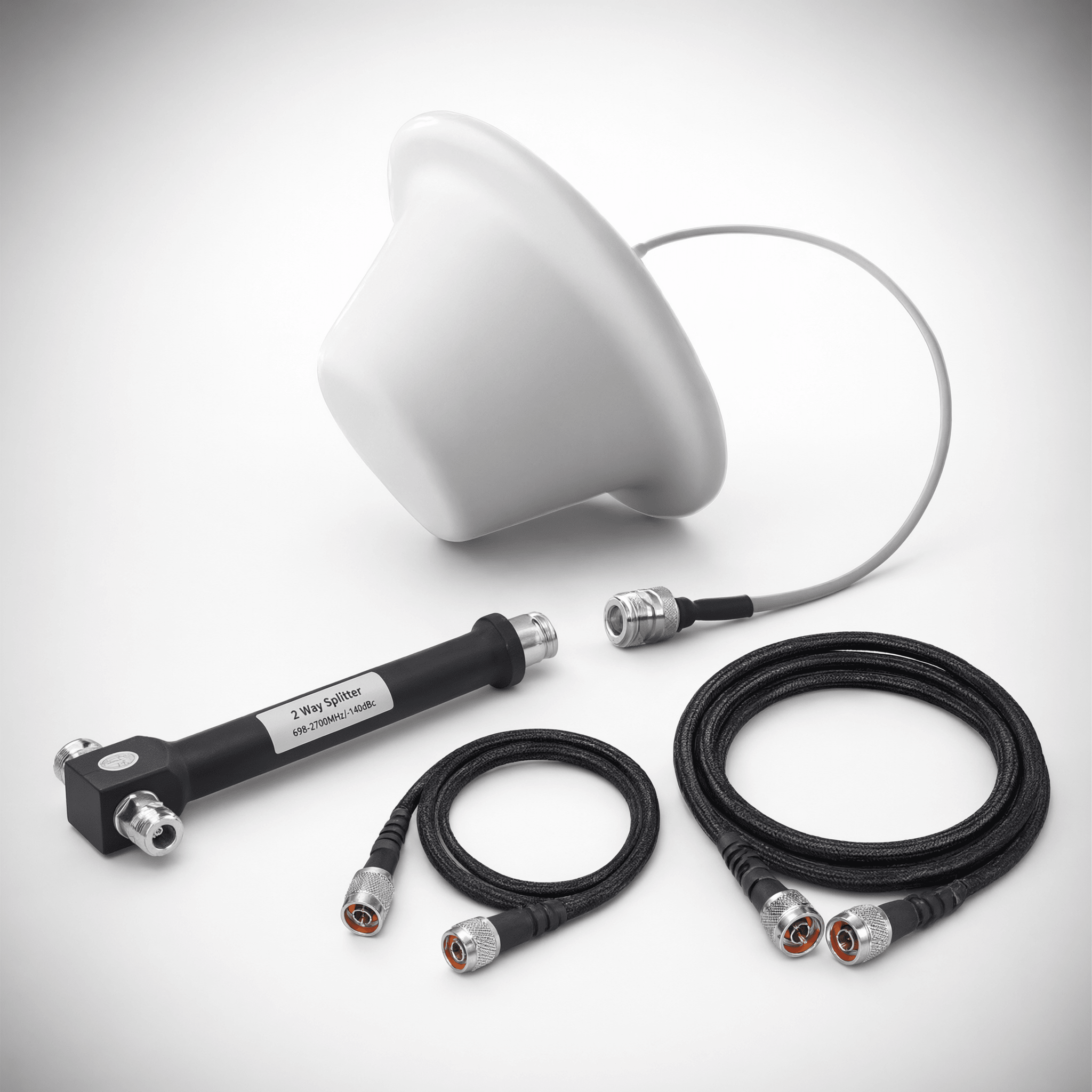 Kit de Antena Omnidireccional tipo Domo y Divisor de Potencia de 2 salidas / Jumpers Coaxiales de 3 y 15 m con conectores N macho