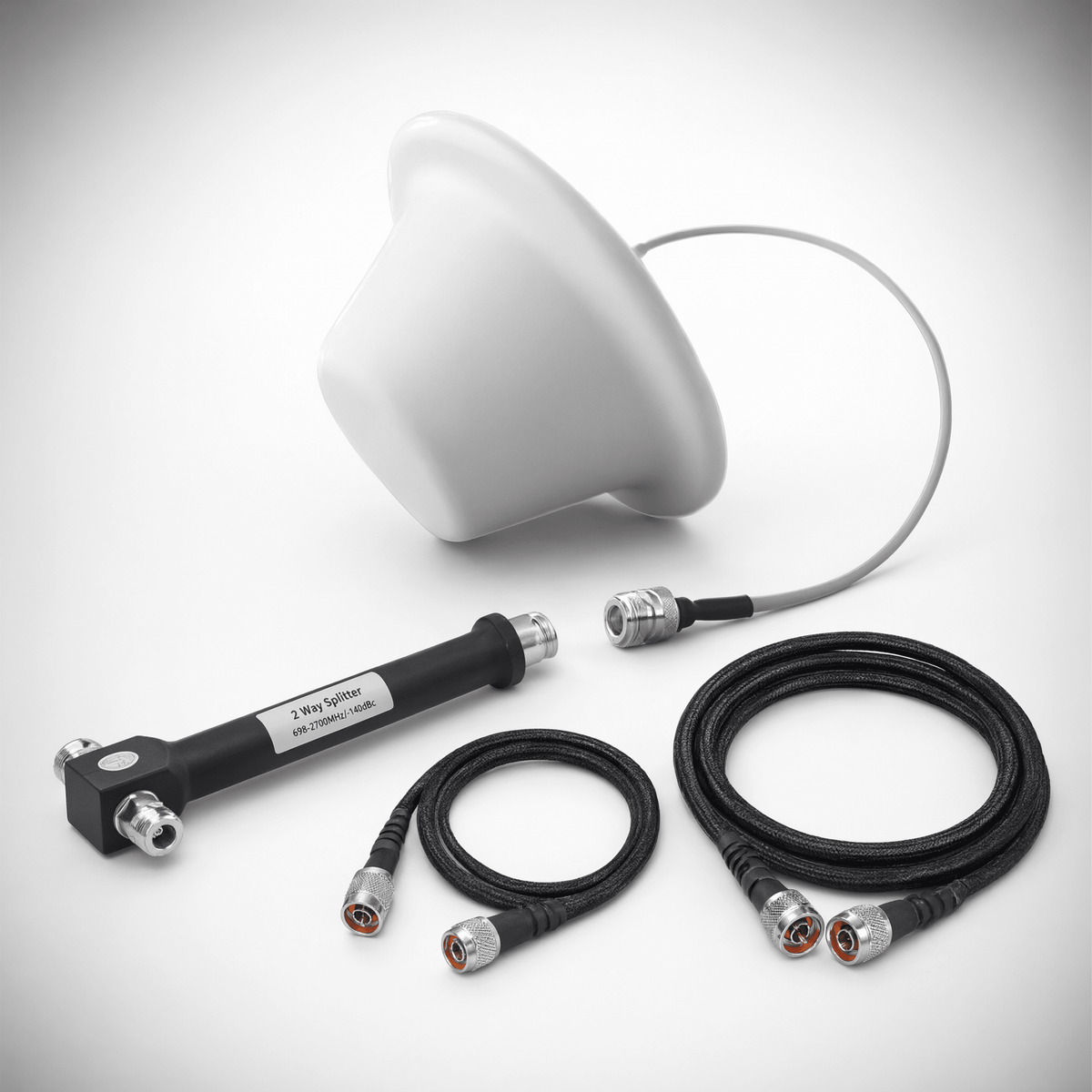 Kit de Antena Omnidireccional tipo Domo y Divisor de Potencia de 2 salidas / Jumpers Coaxiales de 3 y 15 m con conectores N macho