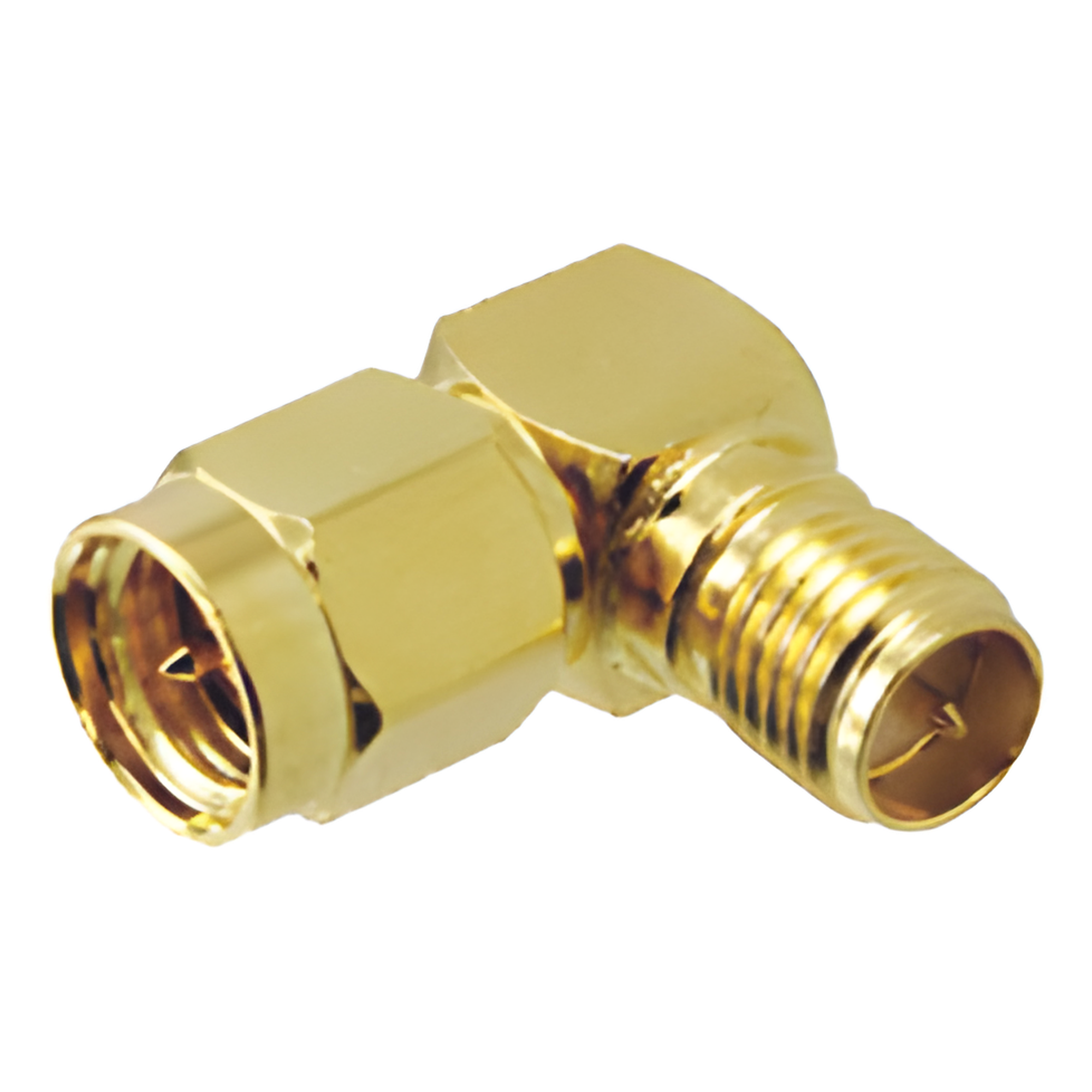 Adaptador en Ángulo Recto, de Conector SMA Macho a SMA Hembra Inverso, Oro/ Oro/ Teflón.