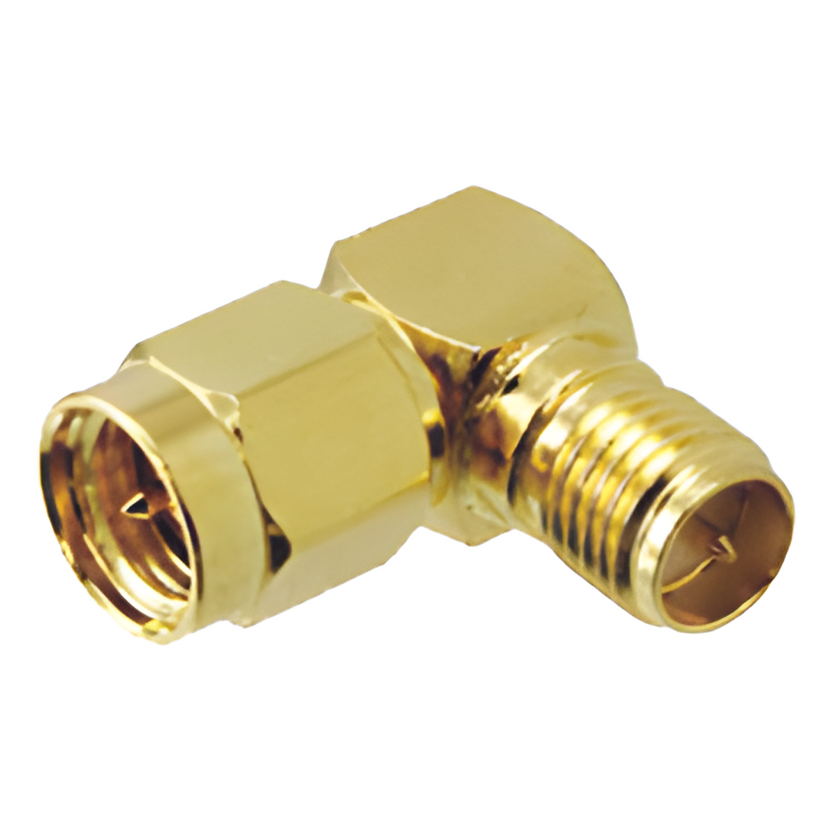 Adaptador en Ángulo Recto, de Conector SMA Macho a SMA Hembra Inverso, Oro/ Oro/ Teflón.