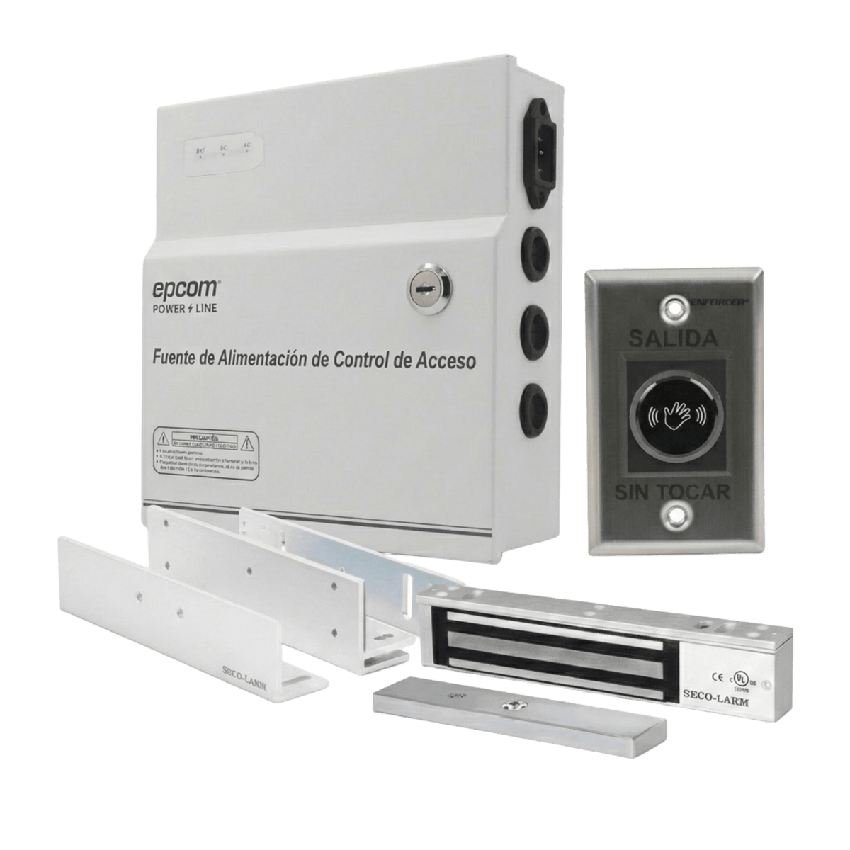 Kit para Control de Acceso Incluye Fuente de 12VCD / Soporta Batería de Respaldo/ Chapa Magnética de 600Lbs / Montajes L y Z / Botón de salida  / Certificación UL y ETL