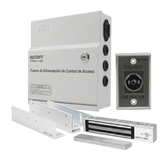 Kit para Control de Acceso Incluye Fuente de 12VCD / Soporta Batería de Respaldo/ Chapa Magnética de 600Lbs / Montajes L y Z / Botón de salida  / Certificación UL y ETL
