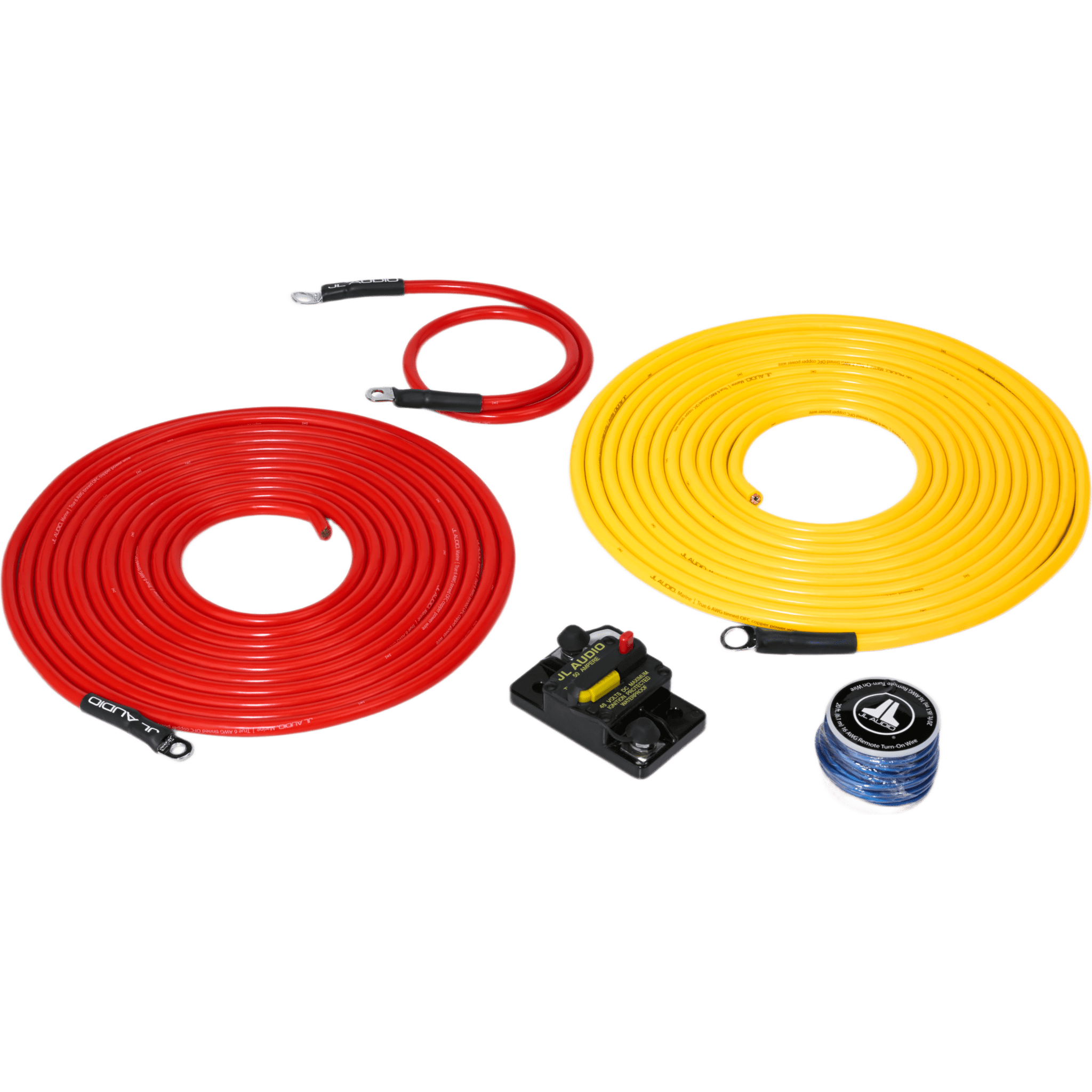 Kit Náutico de Conexión de Alimentación Premium / 6 AWG / 12 V / Un Amplificador / Hasta 6.09 m (20 ft) de Batería / Cobre OFC Puro Estañado / Disyuntor Marino 50 A IP67 / SAE J1171 / Terminales de Acero Inoxidable