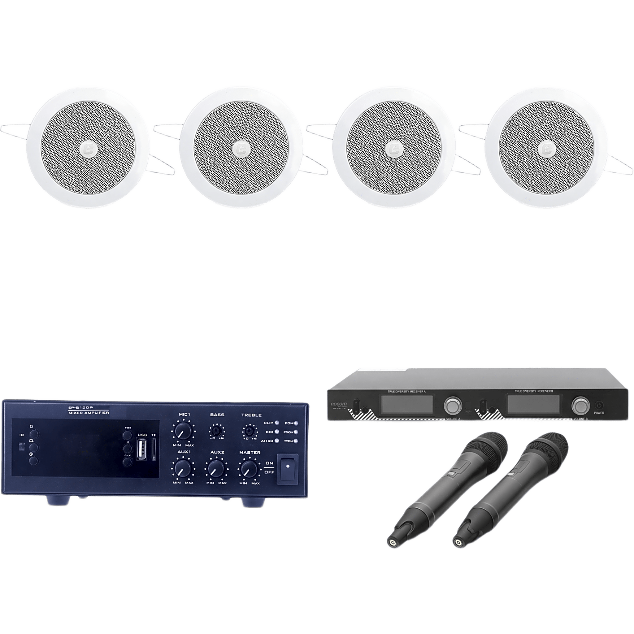KIT Ideal para Salas de Conferencias | Amplificador de 120W EPB120E | 2 Micrófonos Inalámbricos SF521UH | 4 Altavoces de Plafón de 4" SF104GD