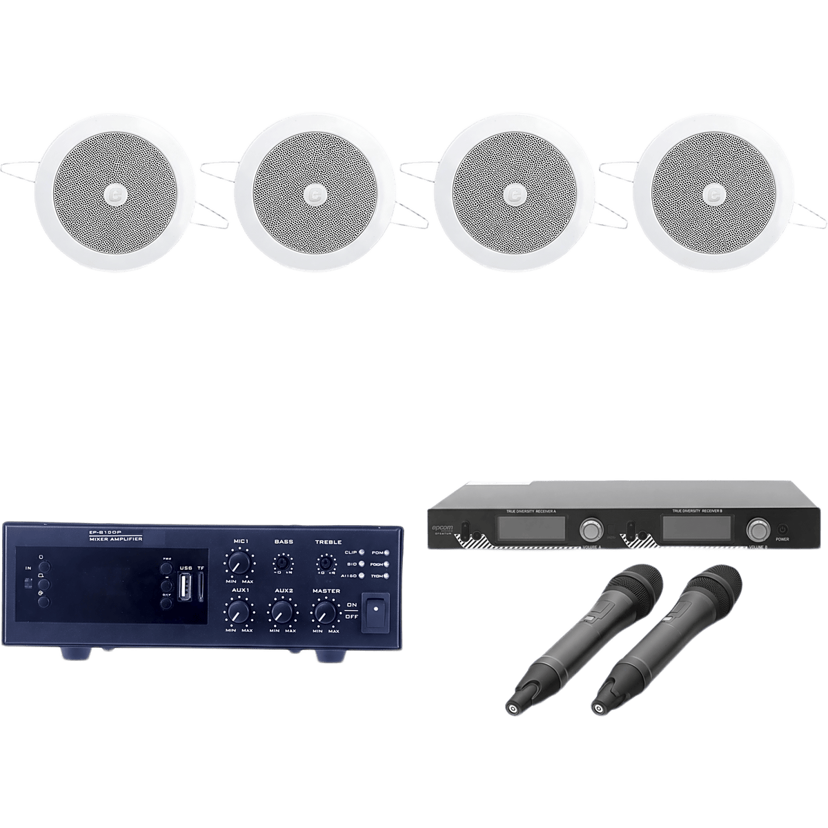 KIT Ideal para Salas de Conferencias | Amplificador de 120W EPB120E | 2 Micrófonos Inalámbricos SF521UH | 4 Altavoces de Plafón de 4" SF104GD