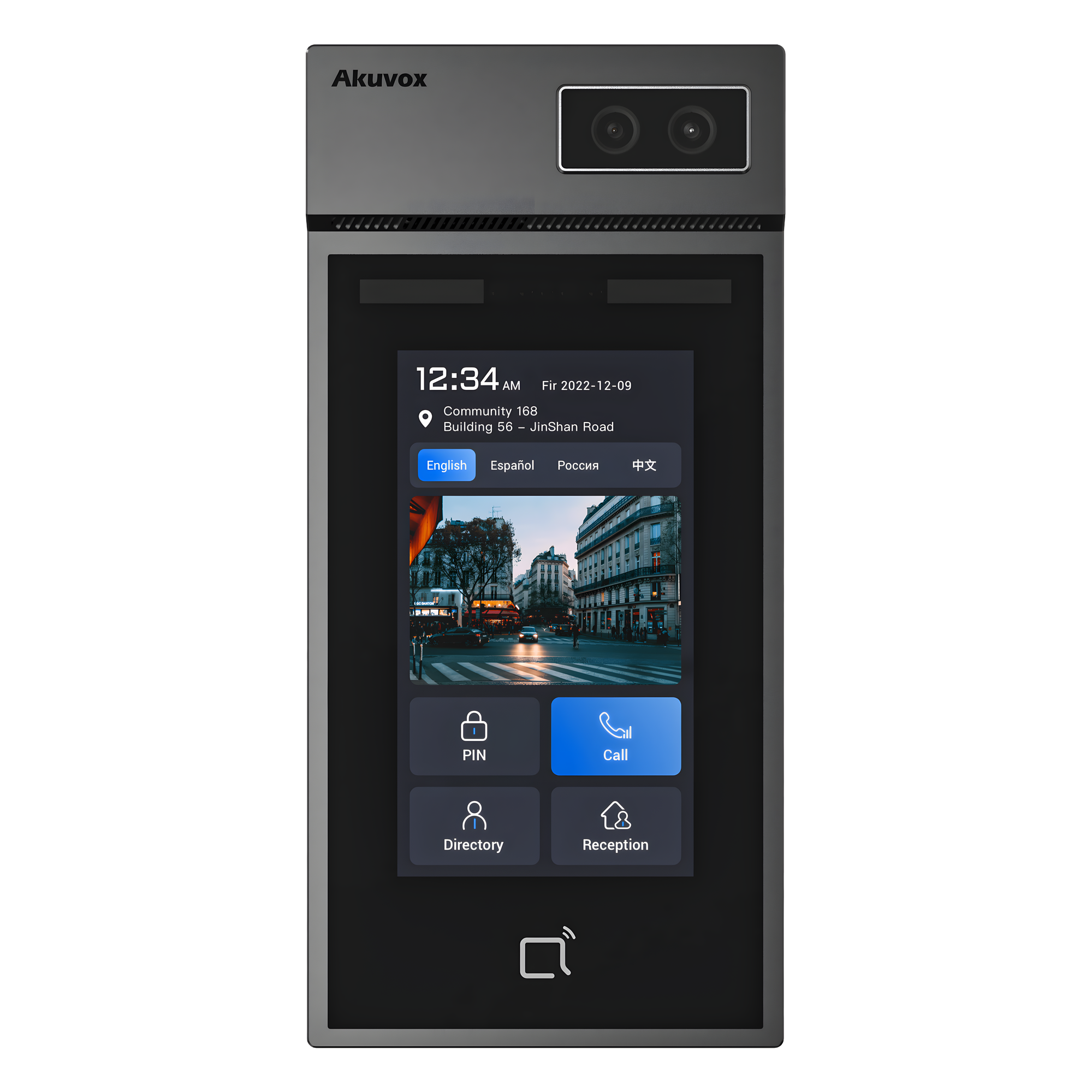 Videoportero + Montaje en Pared / Módulo Opcional de Huella / Pantalla Táctil IPS de 5 Pulgadas / Cámara de 2MP con Auto iluminación / Rostro, Tarjeta, PIN, BLE, QR / Compatible SIP y ONVIF / IP66 / IK08 / POE