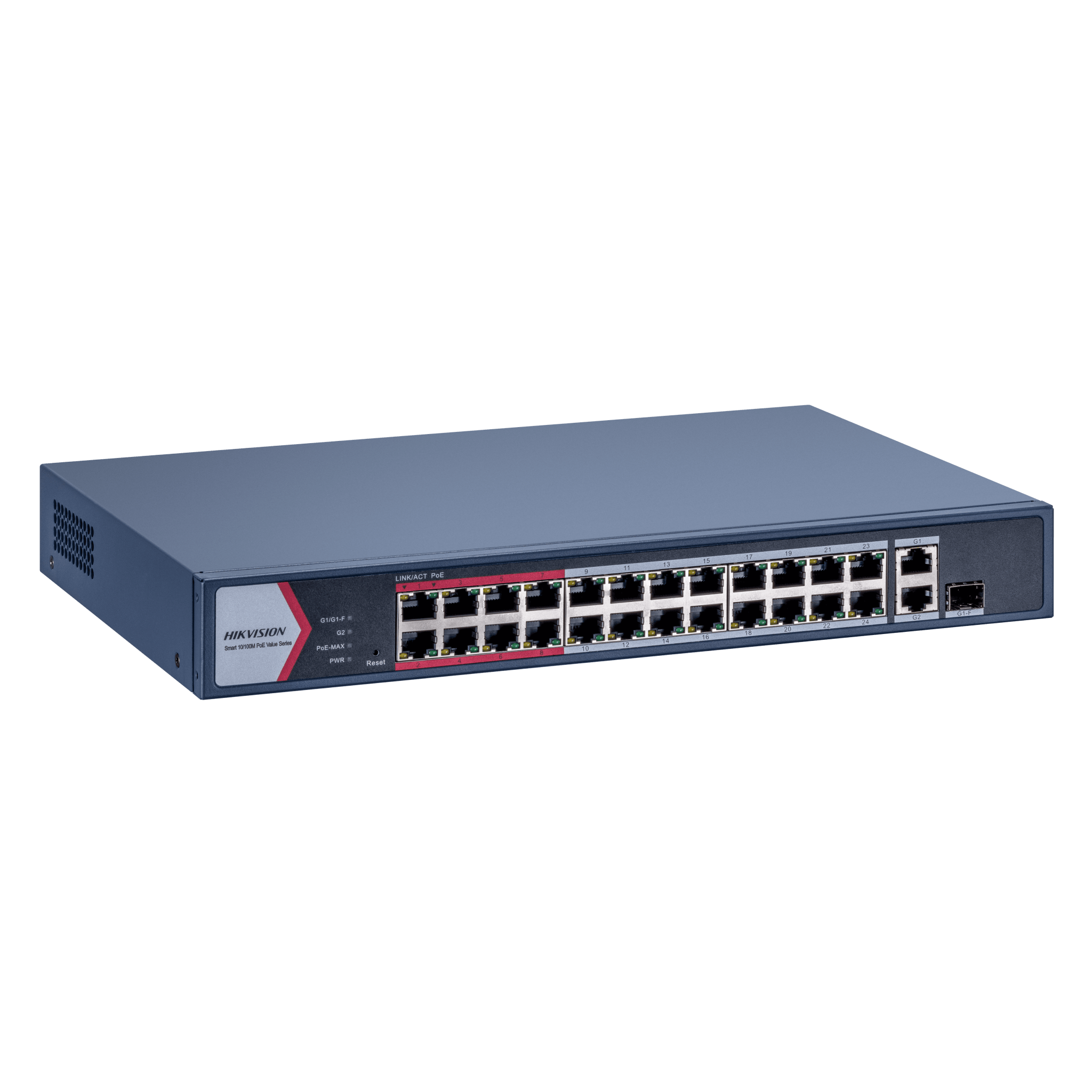 Switch Gigabit PoE+ / Monitoreable / 24 Puertos 1000 Mbps PoE+ / 1 Puerto 1000 Mbps de Uplink / 1 Puerto SFP /  Configuración Nube desde Hik-PartnerPro / Modo Extendido hasta 300 Metros / 230 Watts
