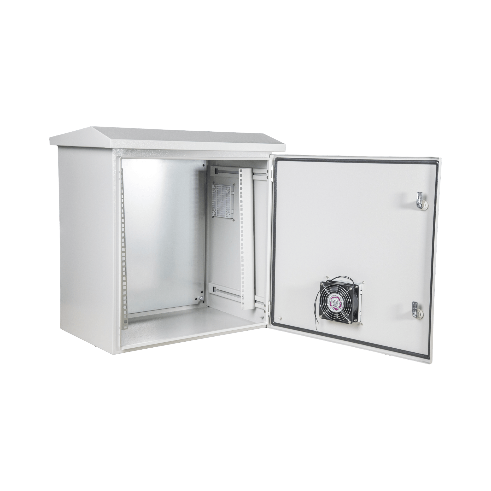 Kit Gabinete Ventilado de Acero, Montaje Rack 19" 11U, IP55 Uso en Exterior (593 x 609 x 399 mm) con Placa Trasera Interior Metálica y Compuerta Inferior Atornillable. Incluye Ventilador, Ventilas, filtros, Terminal de Tierra Física, Ch