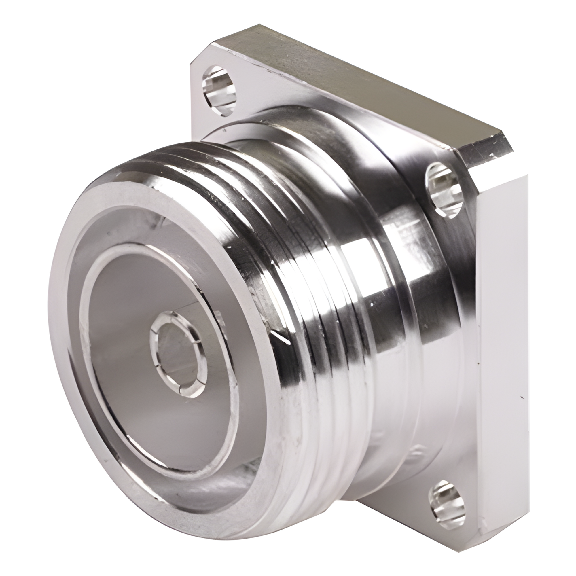 Conector DIN 7-16 Hembra, Tipo Flange de 4 Hoyos para Panel y Copa Soldable.