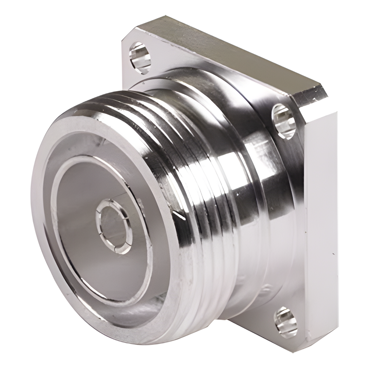 Conector DIN 7-16 Hembra, Tipo Flange de 4 Hoyos para Panel y Copa Soldable.