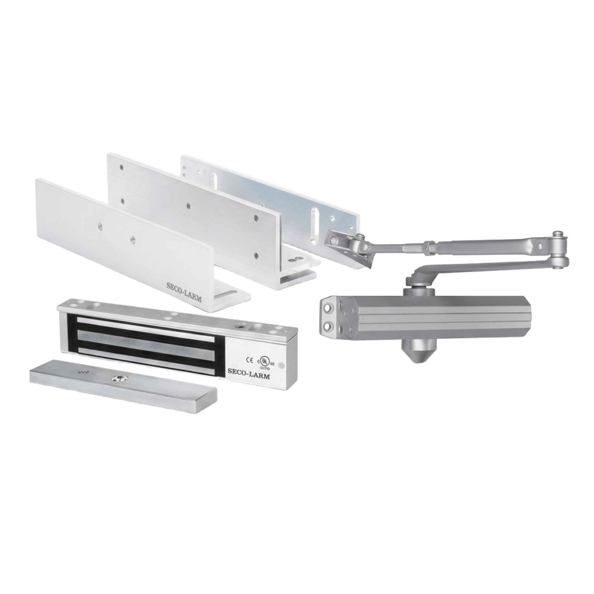 Kit para Control de Acceso Incluye Chapa Magnética de 600 Lbs / Montajes L y Z / Cierra puerta para 150 Kg / Certificación UL